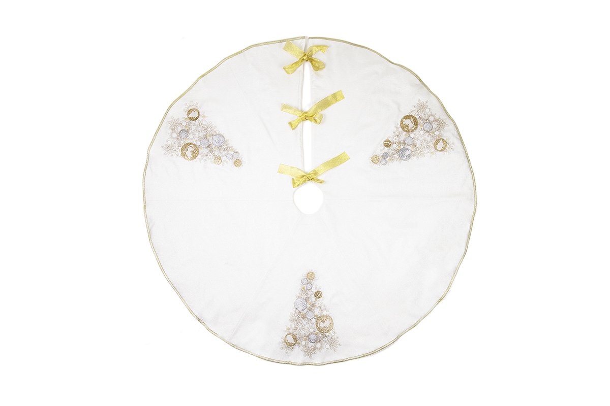 56-inch round ML17118 Ornament Tree Skirt with gold and silver ornaments on a shimmering white background.