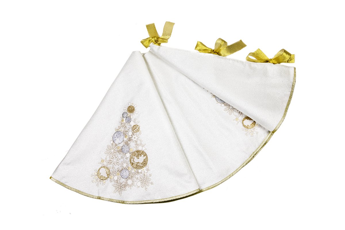 56-inch round ML17118 Ornament Tree Skirt with gold and silver ornaments on a shimmering white background.