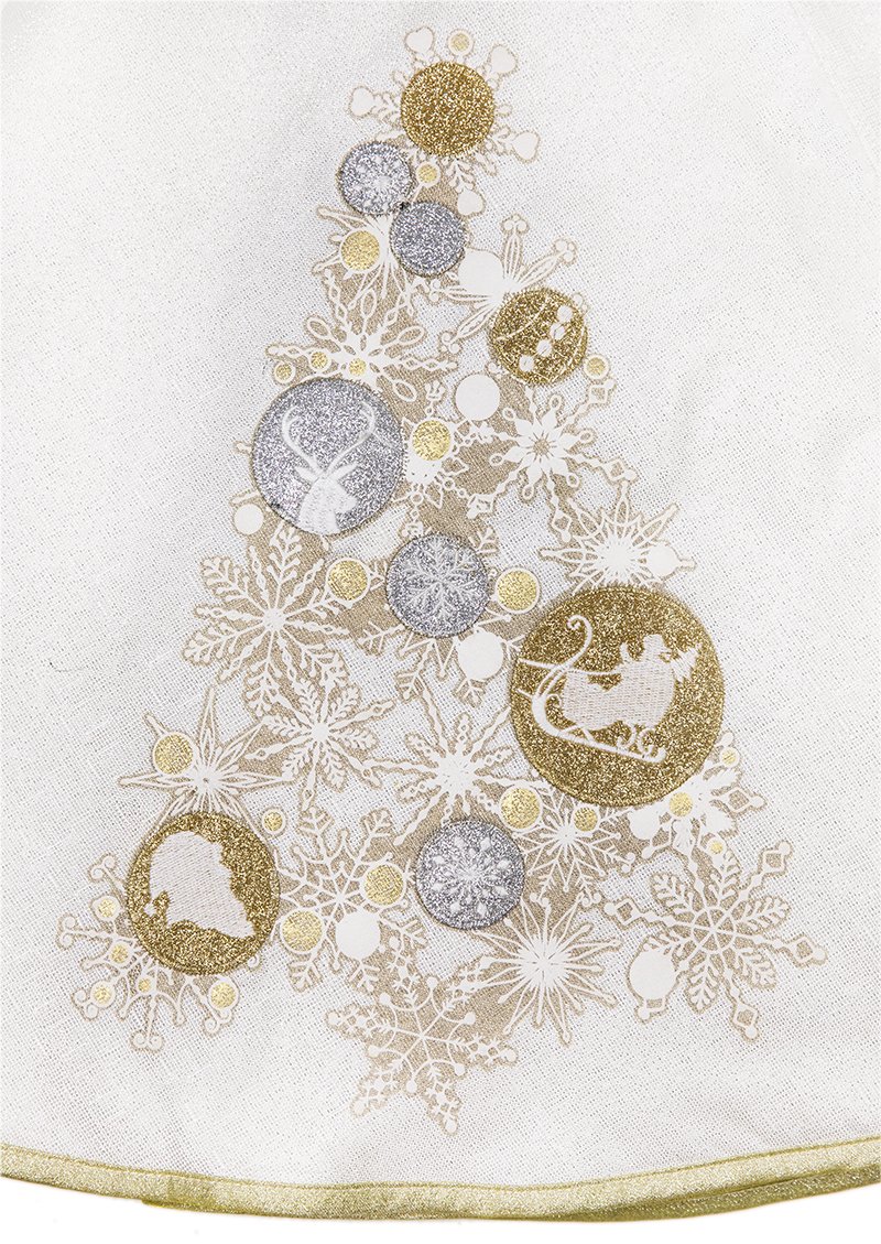 56-inch round ML17118 Ornament Tree Skirt with gold and silver ornaments on a shimmering white background.