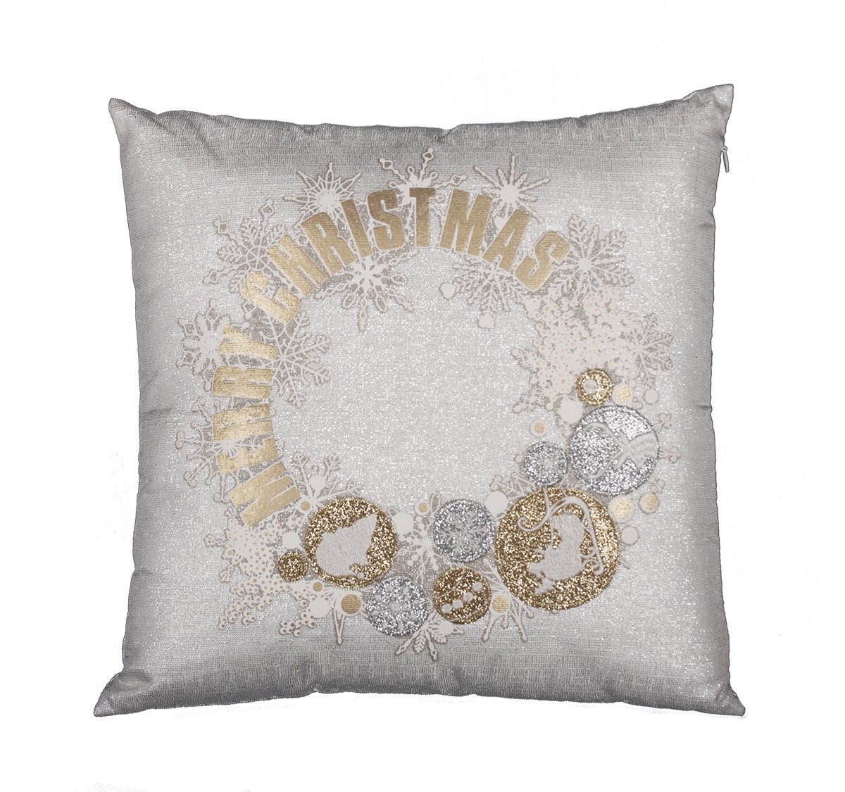 ML17119 Ornament Wreath Pillow featuring gold and silver ornaments on a shimmering white background, perfect for holiday decor.