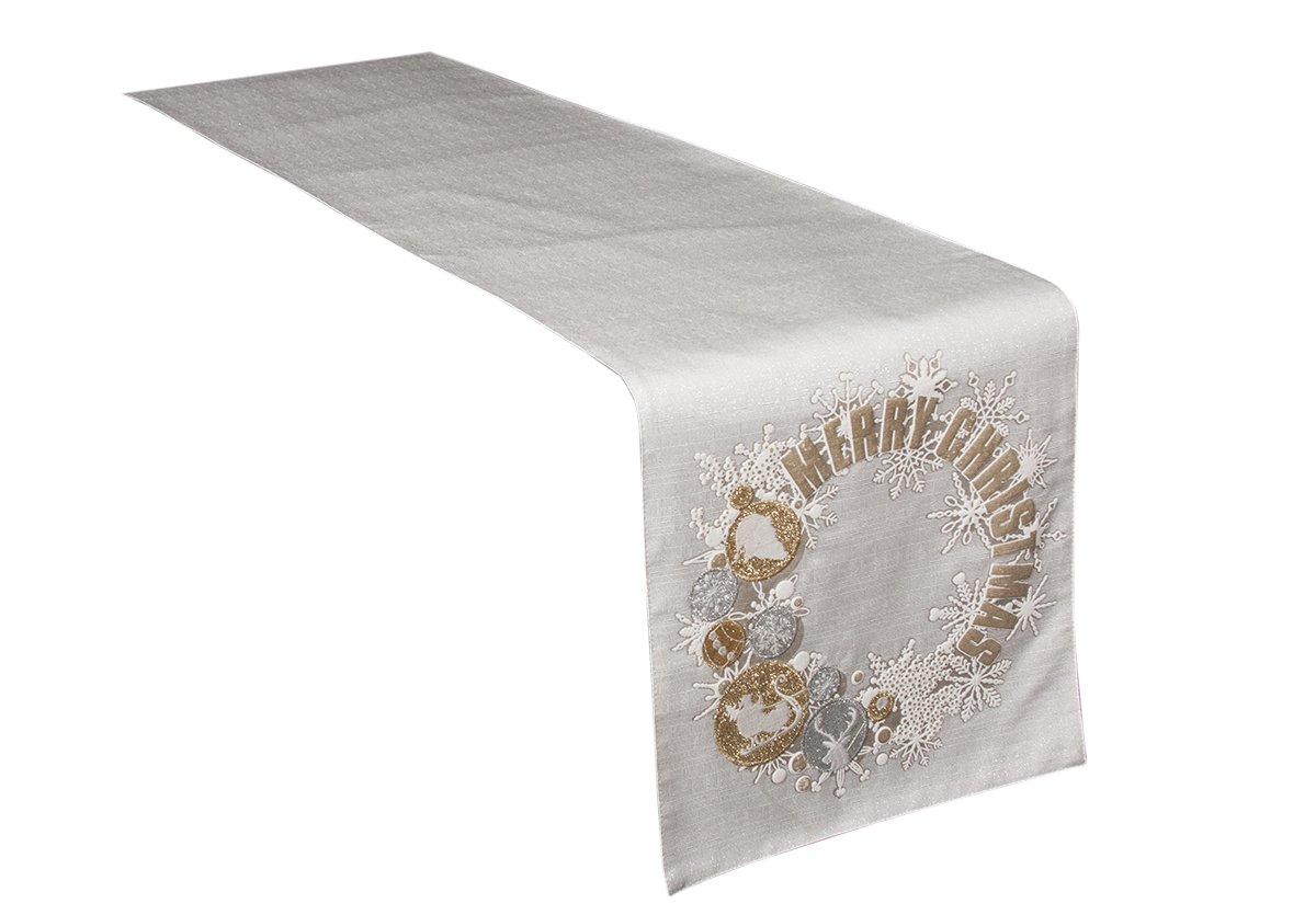 ML17119 Ornament Wreath Table Runner featuring gold and silver ornaments on a shimmering white background, perfect for holiday decor.