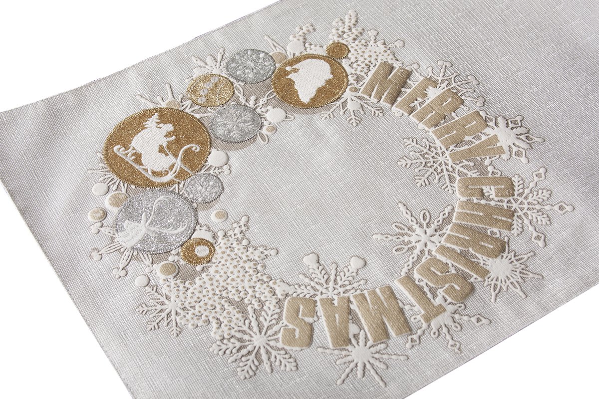 ML17119 Ornament Wreath Table Runner featuring gold and silver ornaments on a shimmering white background, perfect for holiday decor.