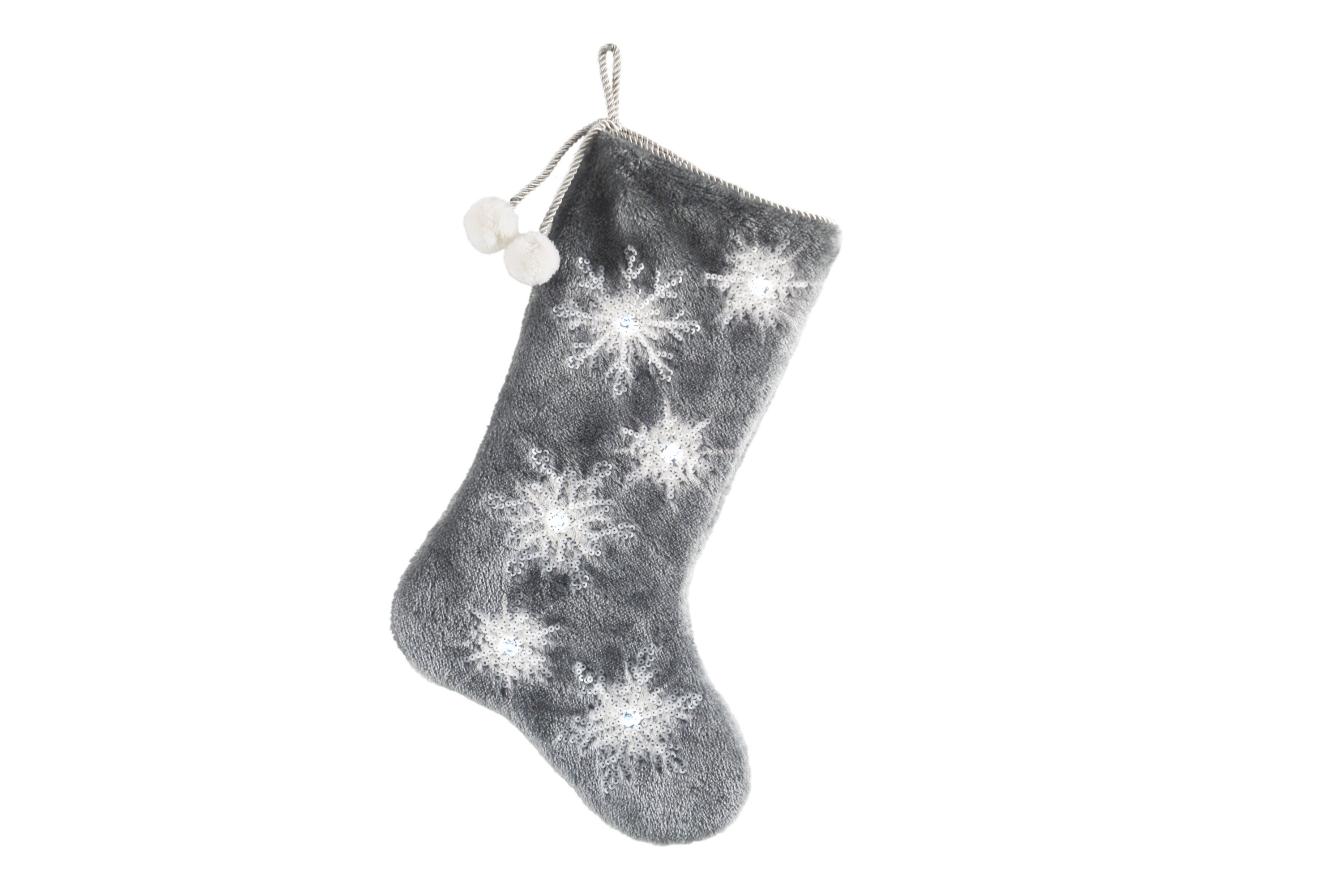 ML18925 Snowflake Sequin Soft Plush Furry Light Up Stocking in grey with sequin snowflakes, measuring 20 inches, perfect for Christmas decor.