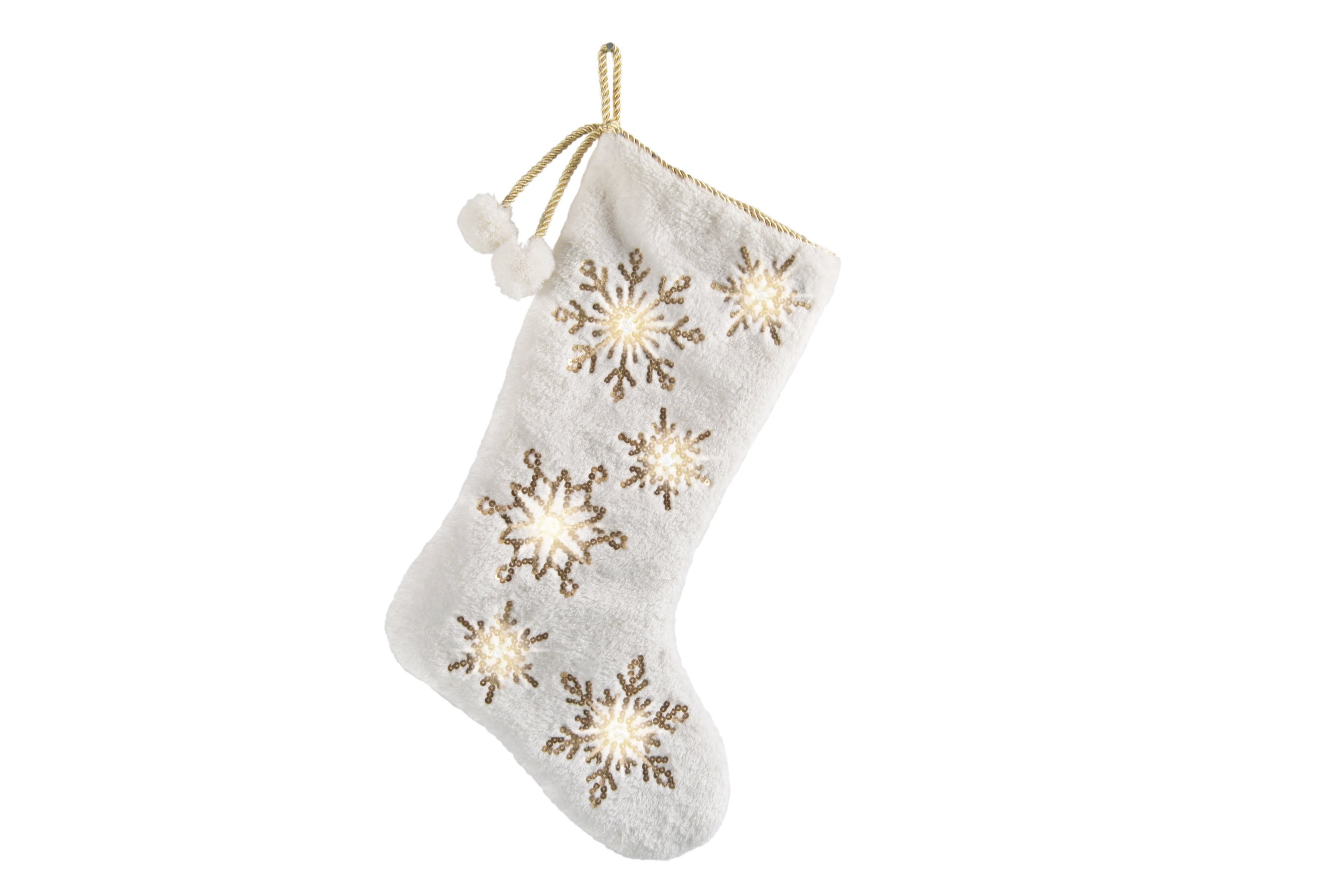 ML18925 Snowflake Sequin Soft Plush Furry Light Up Stocking in grey with sequin snowflakes, measuring 20 inches, perfect for Christmas decor.