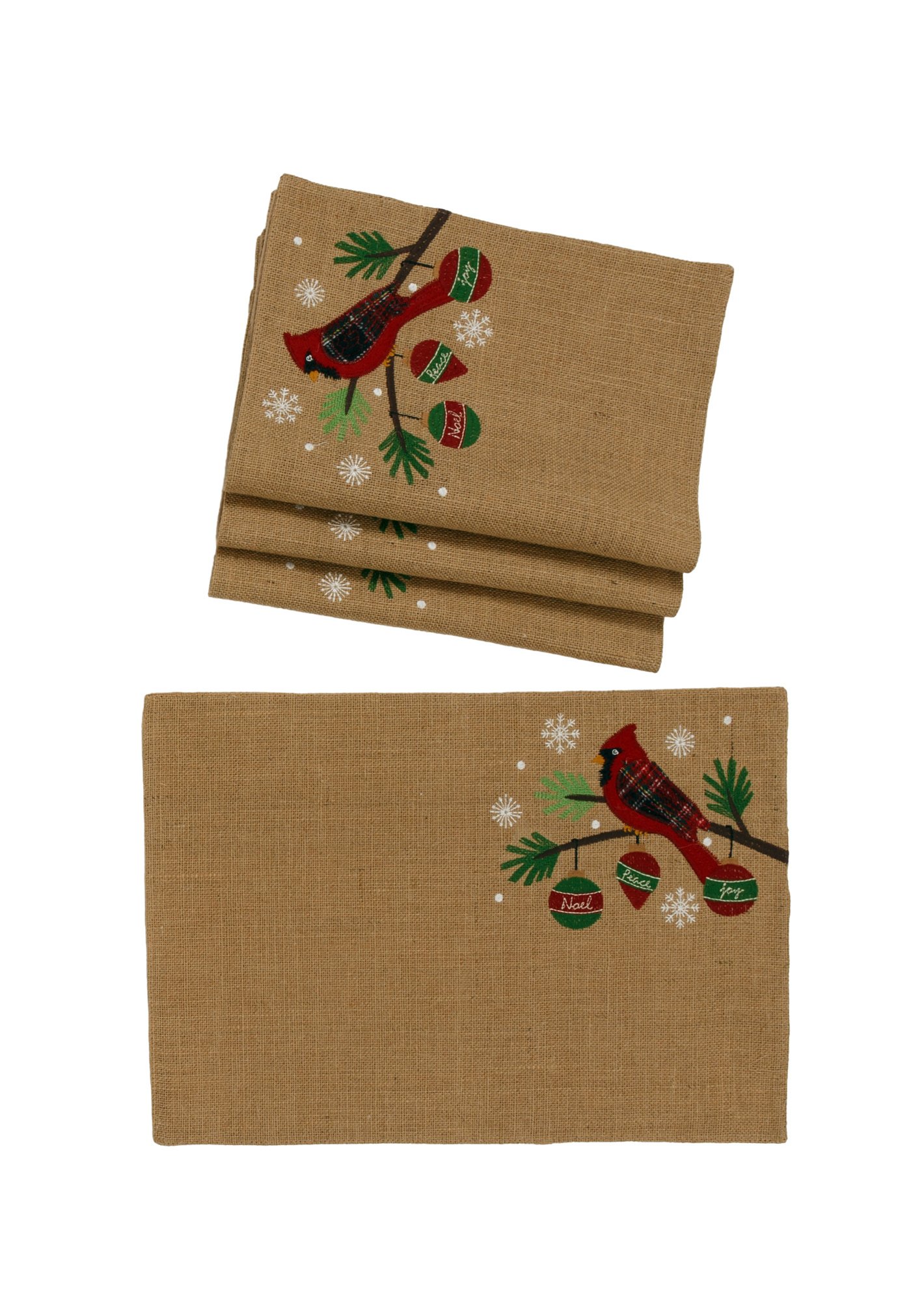 Set of 4 ML18926 Cardinal Noel Jute Placemats featuring a festive cardinal and Christmas ornaments design.