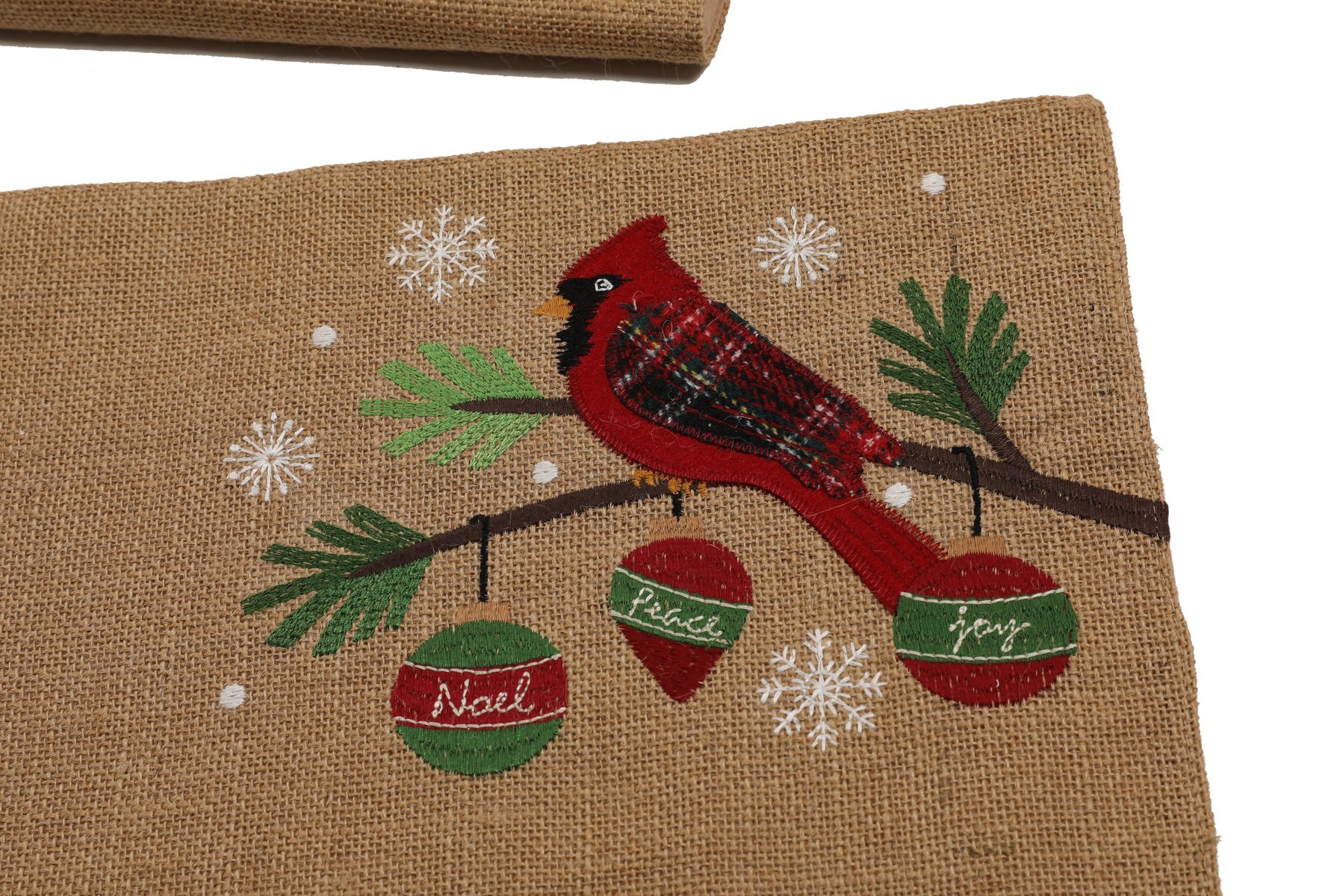 Set of 4 ML18926 Cardinal Noel Jute Placemats featuring a festive cardinal and Christmas ornaments design.