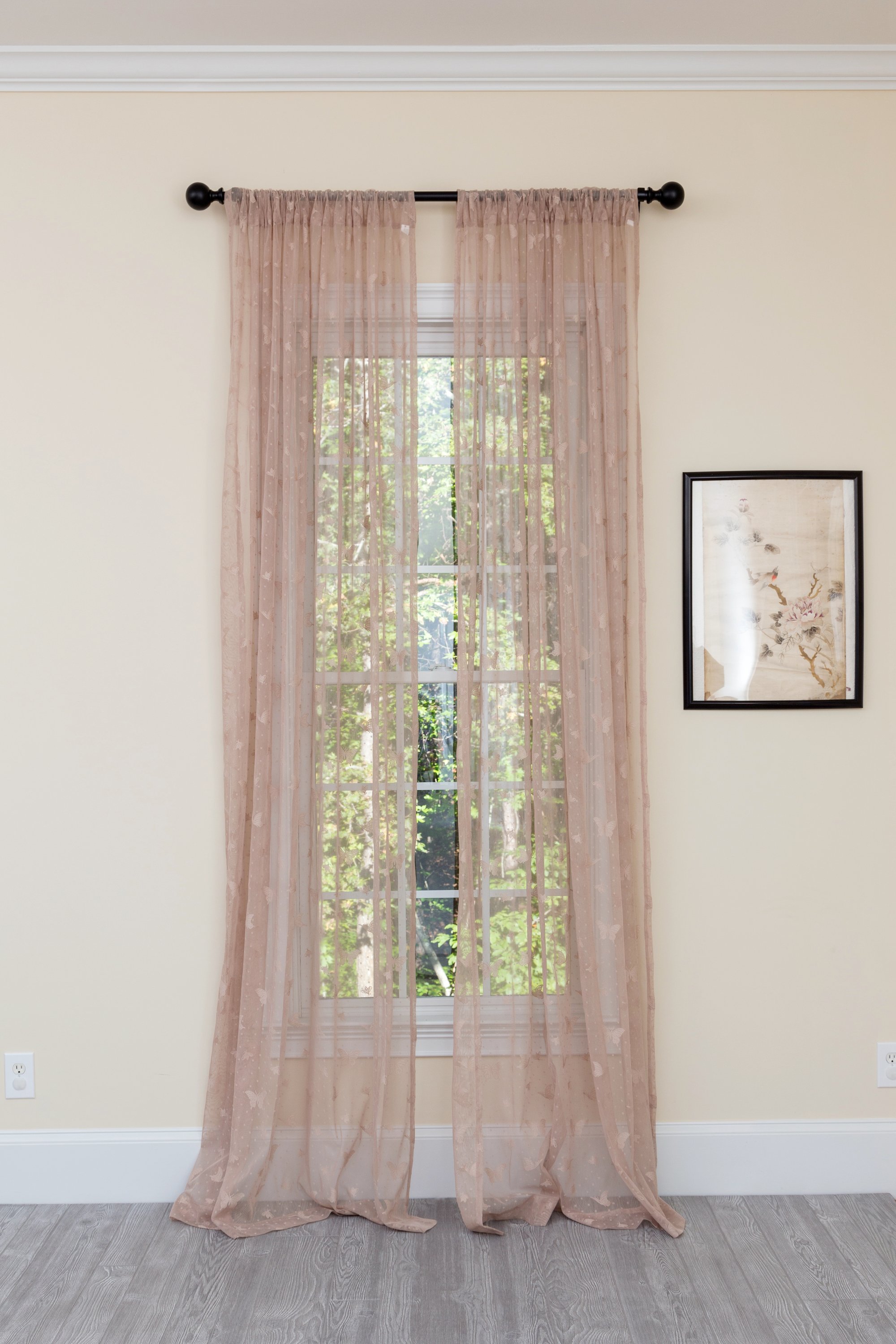 ML19071 Elegant Butterfly Sheer Curtain featuring intricate butterfly embroidery on lightweight mocha fabric, perfect for home decor.