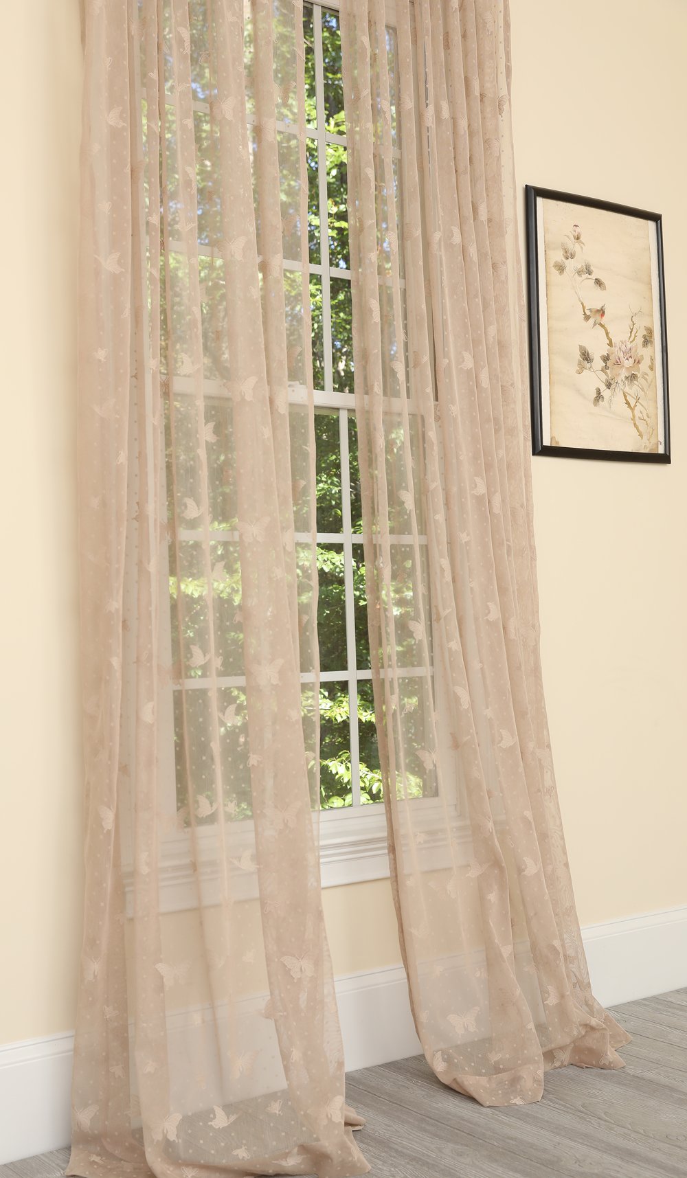 ML19071 Elegant Butterfly Sheer Curtain featuring intricate butterfly embroidery on lightweight mocha fabric, perfect for home decor.