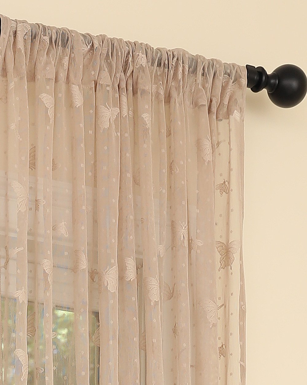 ML19071 Elegant Butterfly Sheer Curtain featuring intricate butterfly embroidery on lightweight mocha fabric, perfect for home decor.