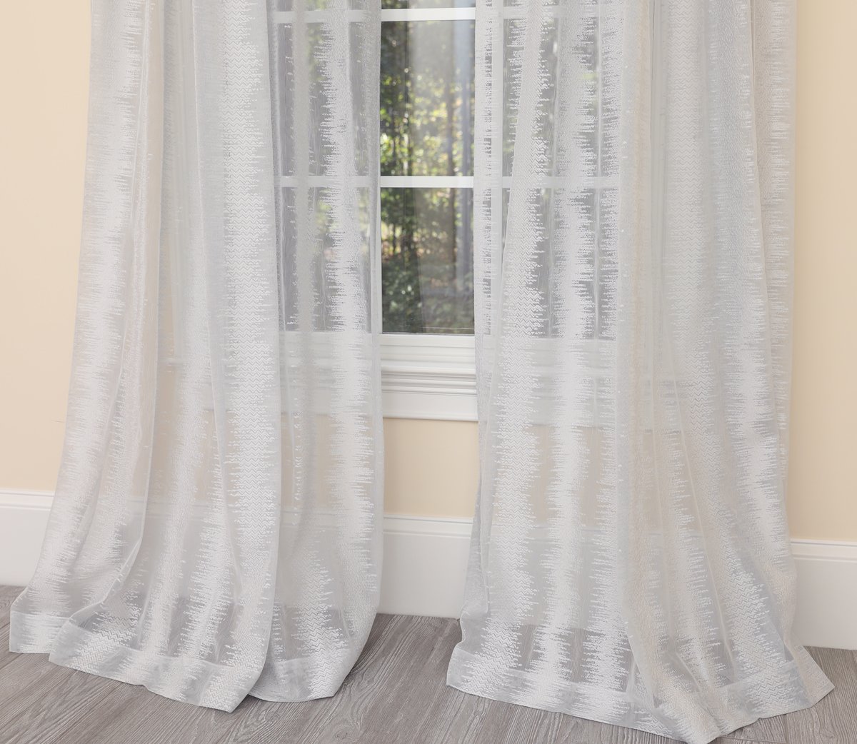 ML19074 Bella Bella Sheer Curtain featuring elegant embroidered patterns in White, Gray, and Champagne colors, designed for a chic and modern home.