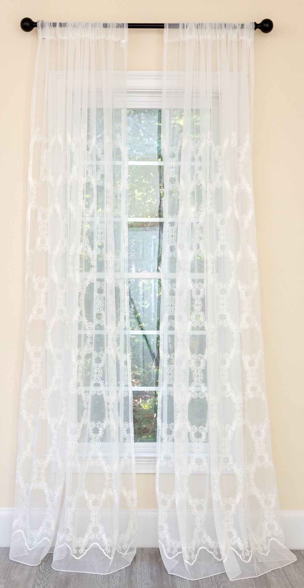 ML19151 Krystal Clear Geometric Sheer Curtain featuring elegant embroidered patterns on a white sheer fabric, perfect for modern home decor.