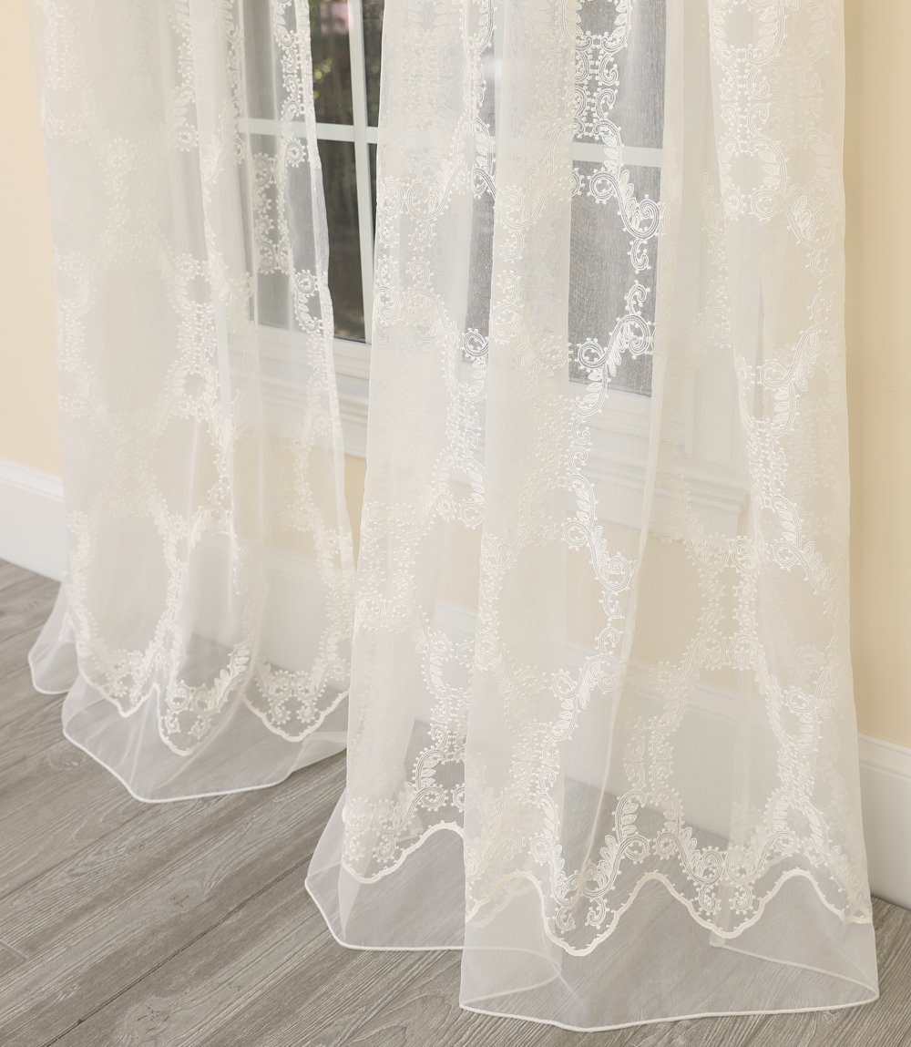 ML19151 Krystal Clear Geometric Sheer Curtain featuring elegant embroidered patterns on a white sheer fabric, perfect for modern home decor.