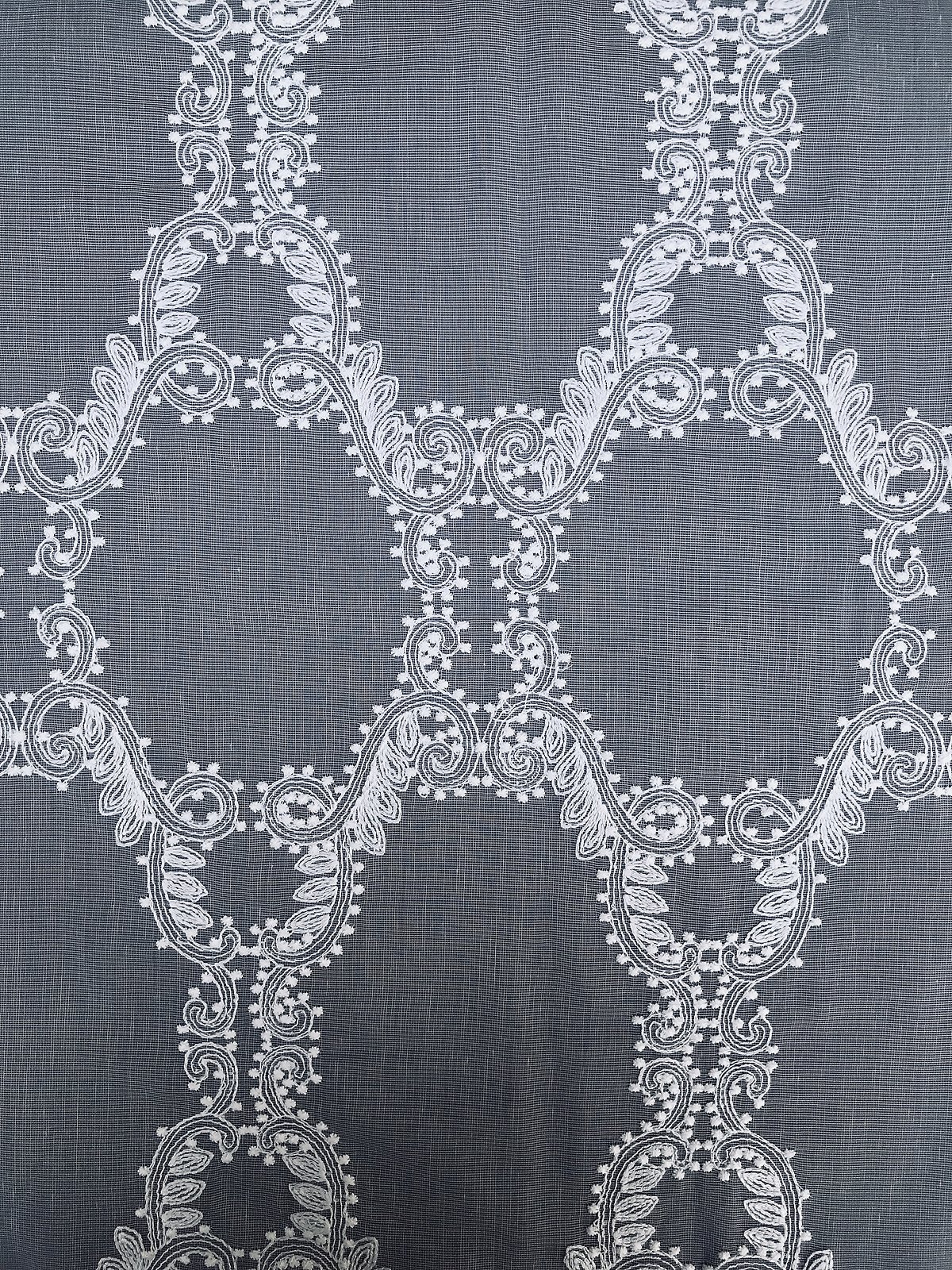 ML19151 Krystal Clear Geometric Sheer Curtain featuring elegant embroidered patterns on a white sheer fabric, perfect for modern home decor.