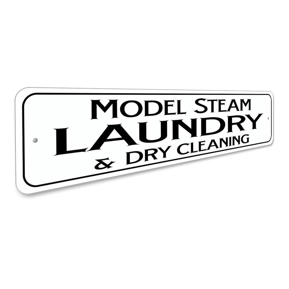 Model Steam Laundry Sign made of high-quality aluminum, featuring a vintage design perfect for decorative purposes in various establishments.