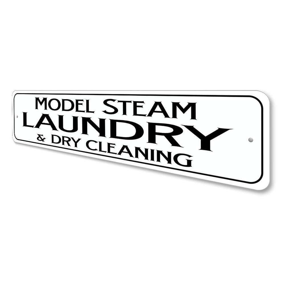 Model Steam Laundry Sign made of high-quality aluminum, featuring a vintage design perfect for decorative purposes in various establishments.