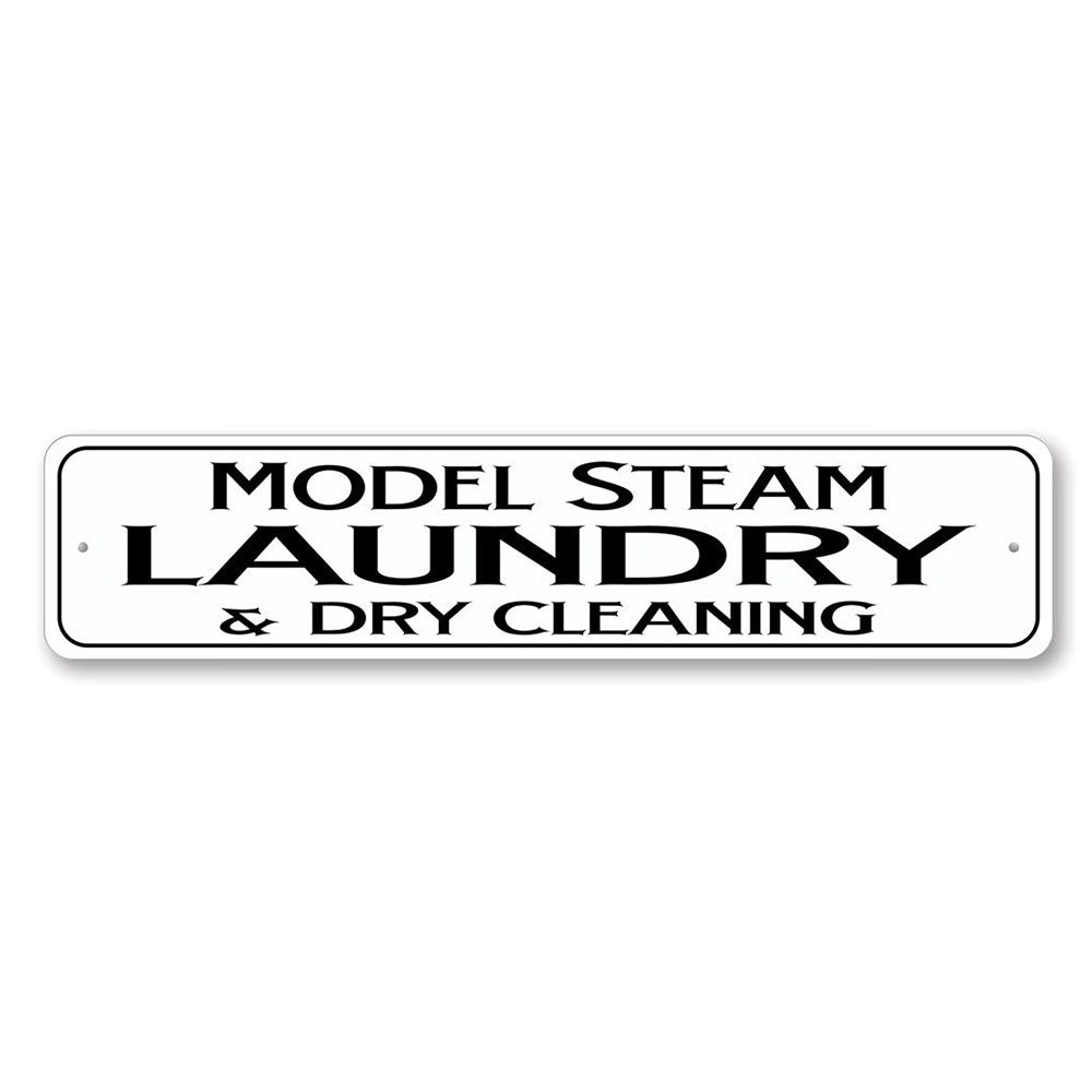 Model Steam Laundry Sign made of high-quality aluminum, featuring a vintage design perfect for decorative purposes in various establishments.