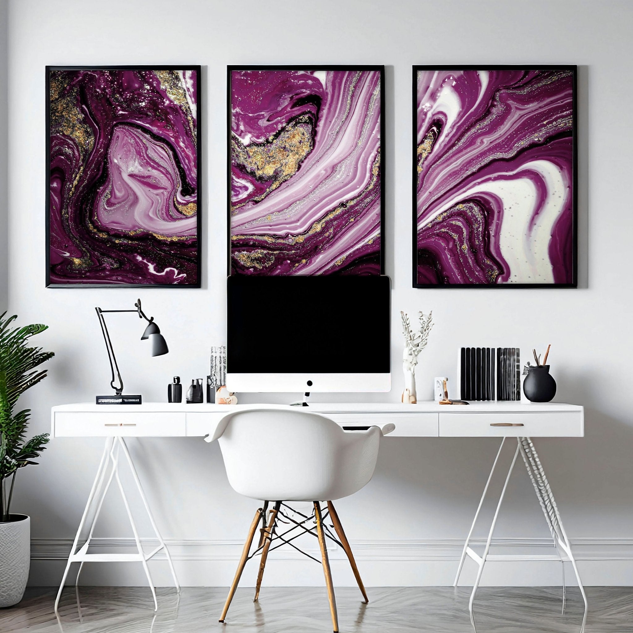 Set of 3 modern wall art prints featuring marble textures in purple and gold tones, perfect for enhancing home decor.