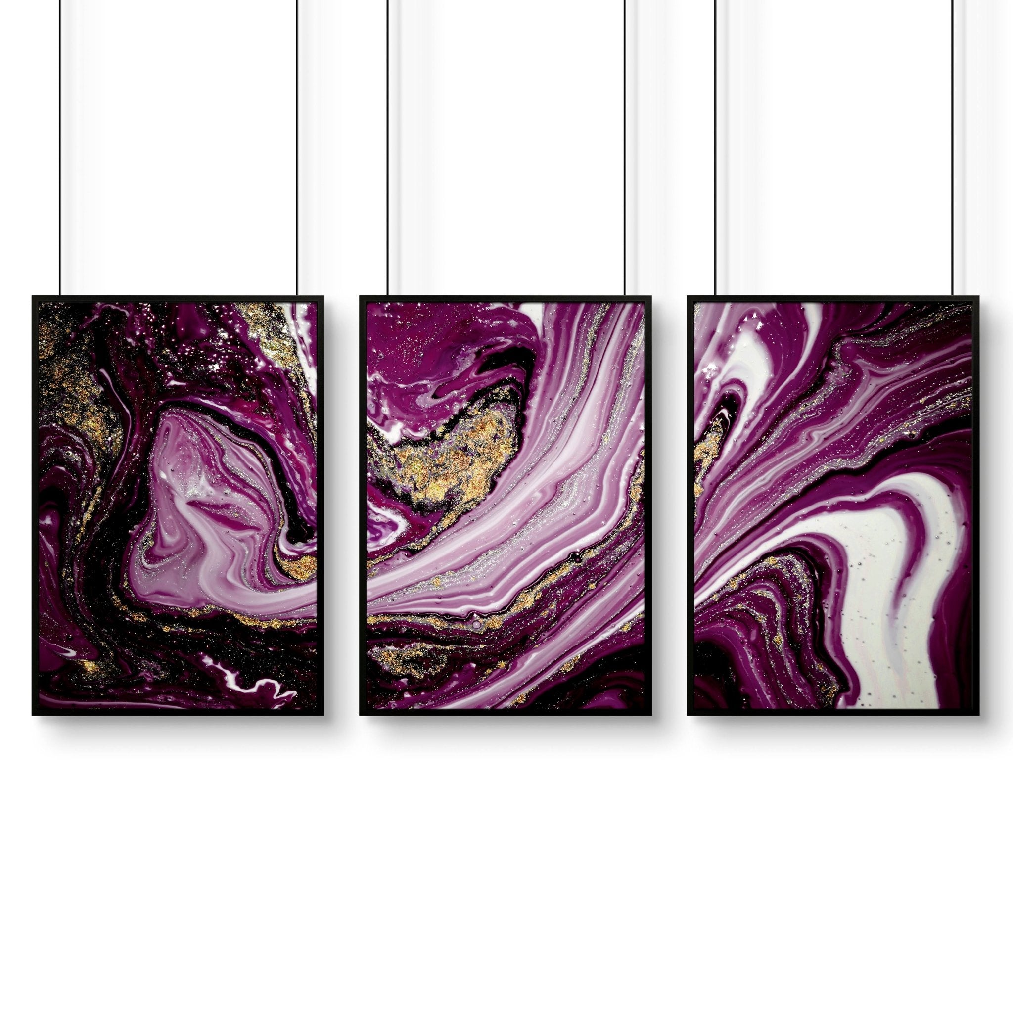 Set of 3 modern wall art prints featuring marble textures in purple and gold tones, perfect for enhancing home decor.