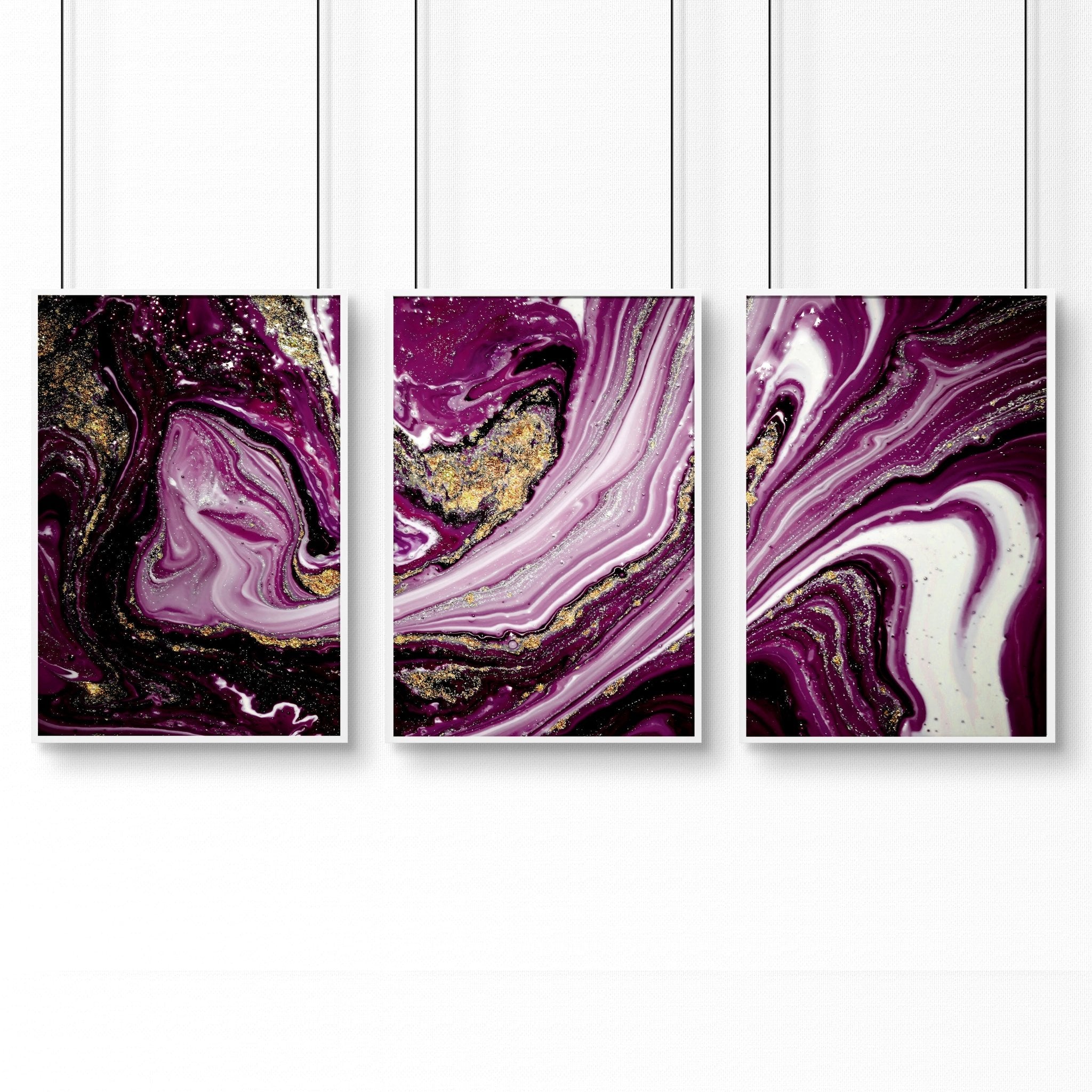 Set of 3 modern wall art prints featuring marble textures in purple and gold tones, perfect for enhancing home decor.