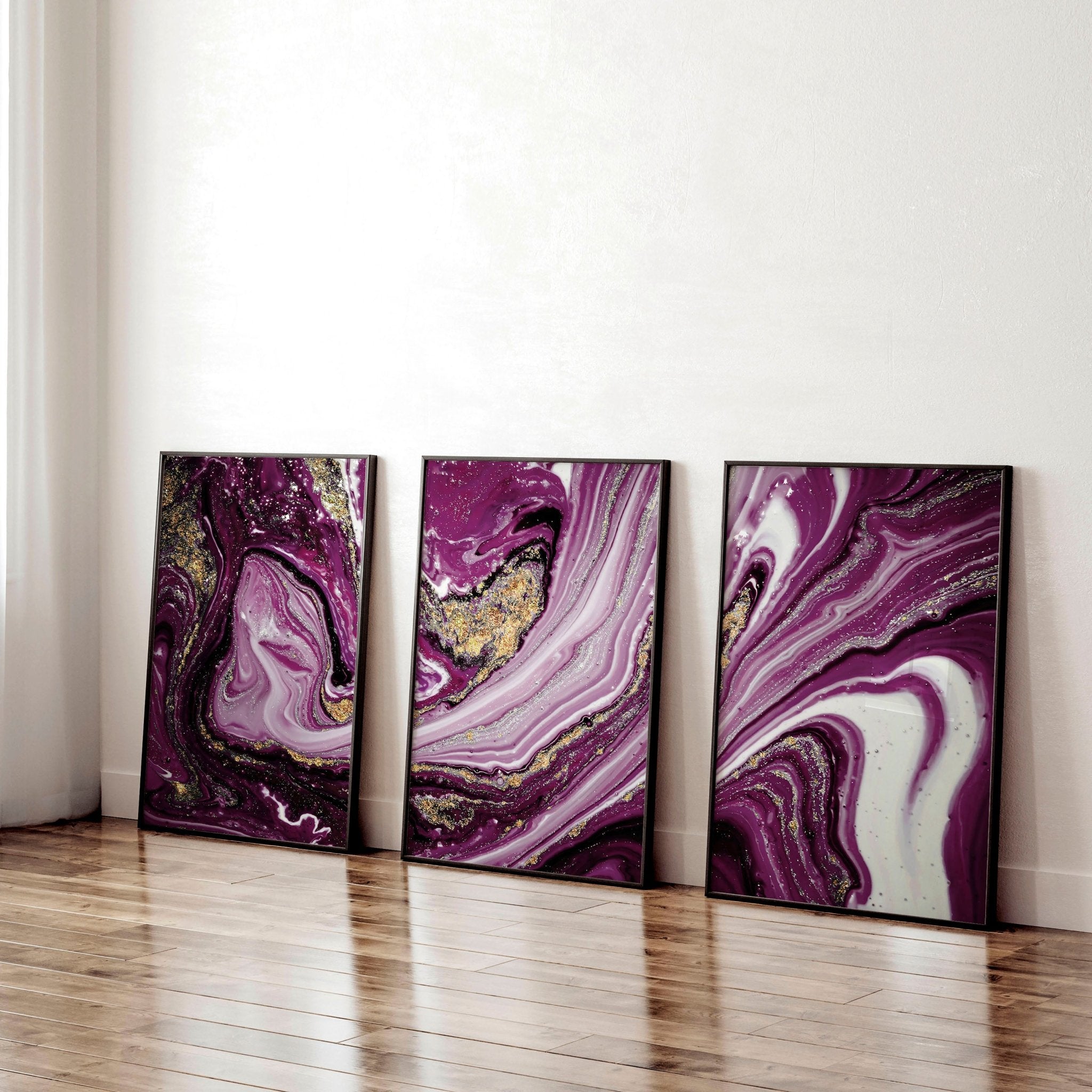 Set of 3 modern wall art prints featuring marble textures in purple and gold tones, perfect for enhancing home decor.