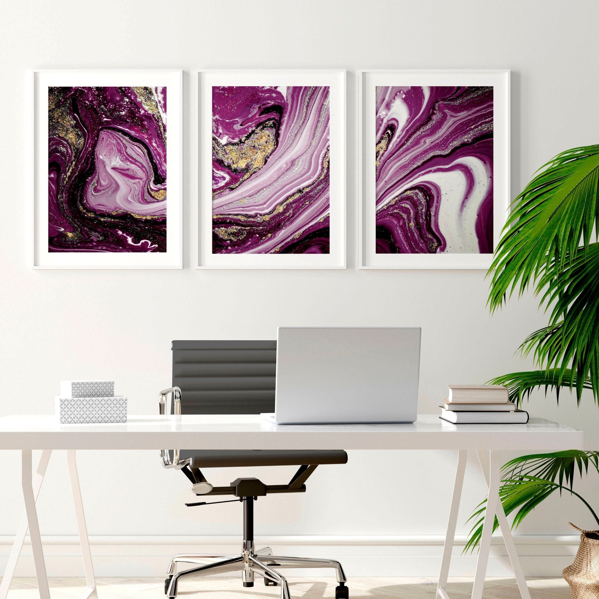 Set of 3 modern wall art prints featuring marble textures in purple and gold tones, perfect for enhancing home decor.