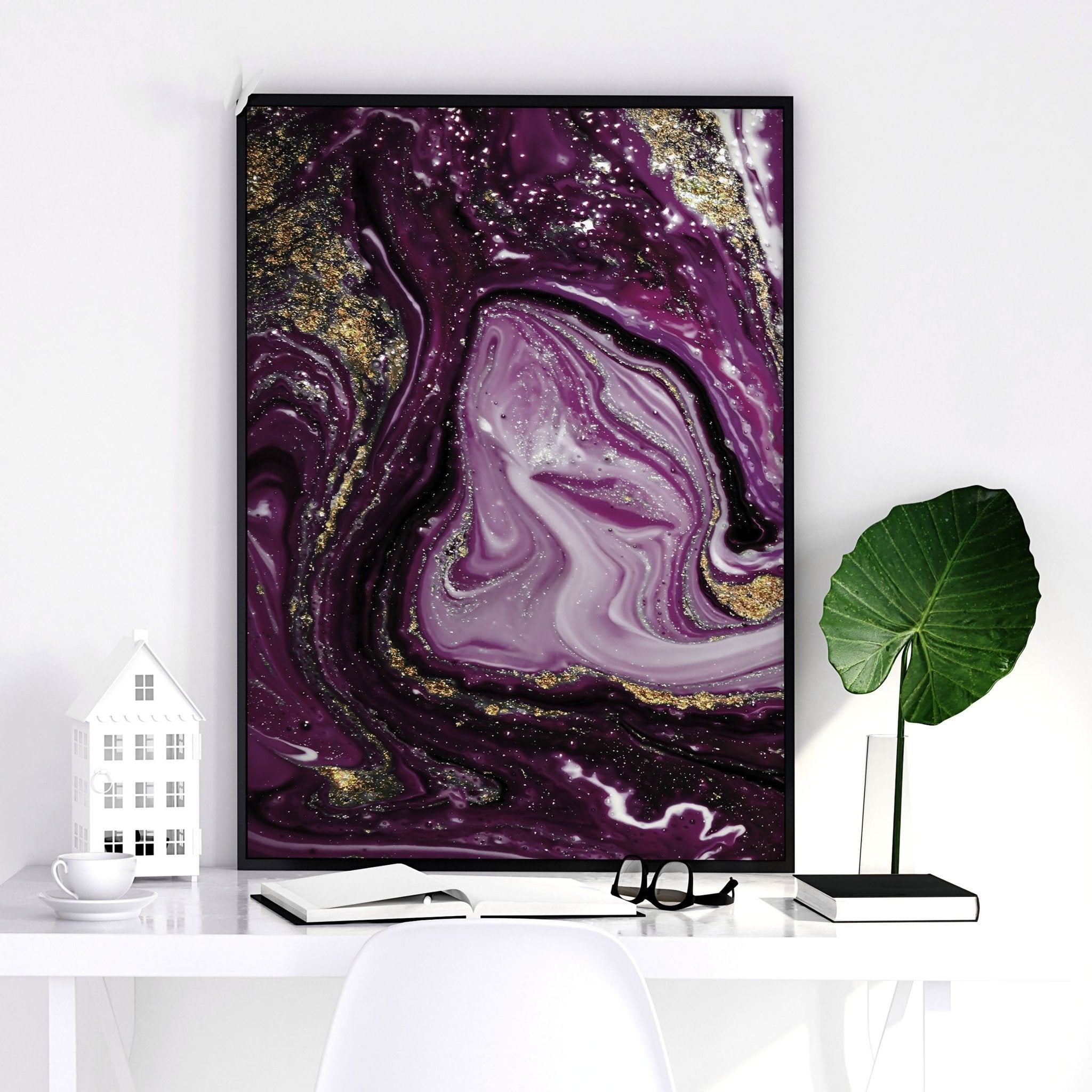 Set of 3 modern wall art prints featuring marble textures in purple and gold tones, perfect for enhancing home decor.