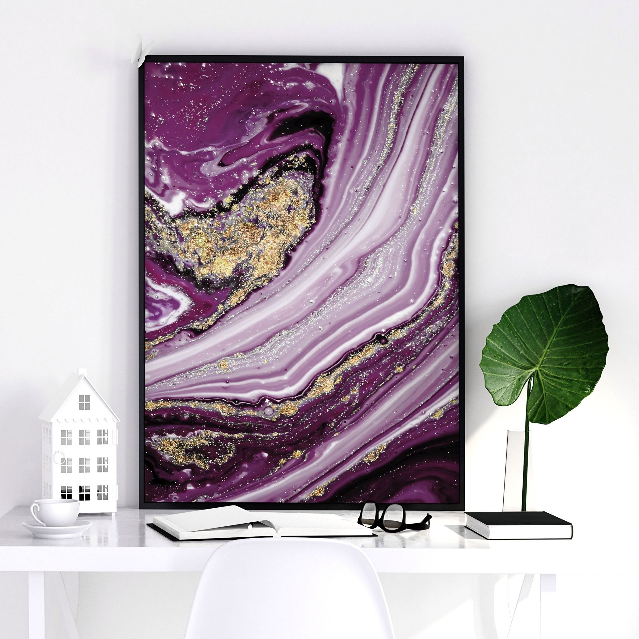 Set of 3 modern wall art prints featuring marble textures in purple and gold tones, perfect for enhancing home decor.