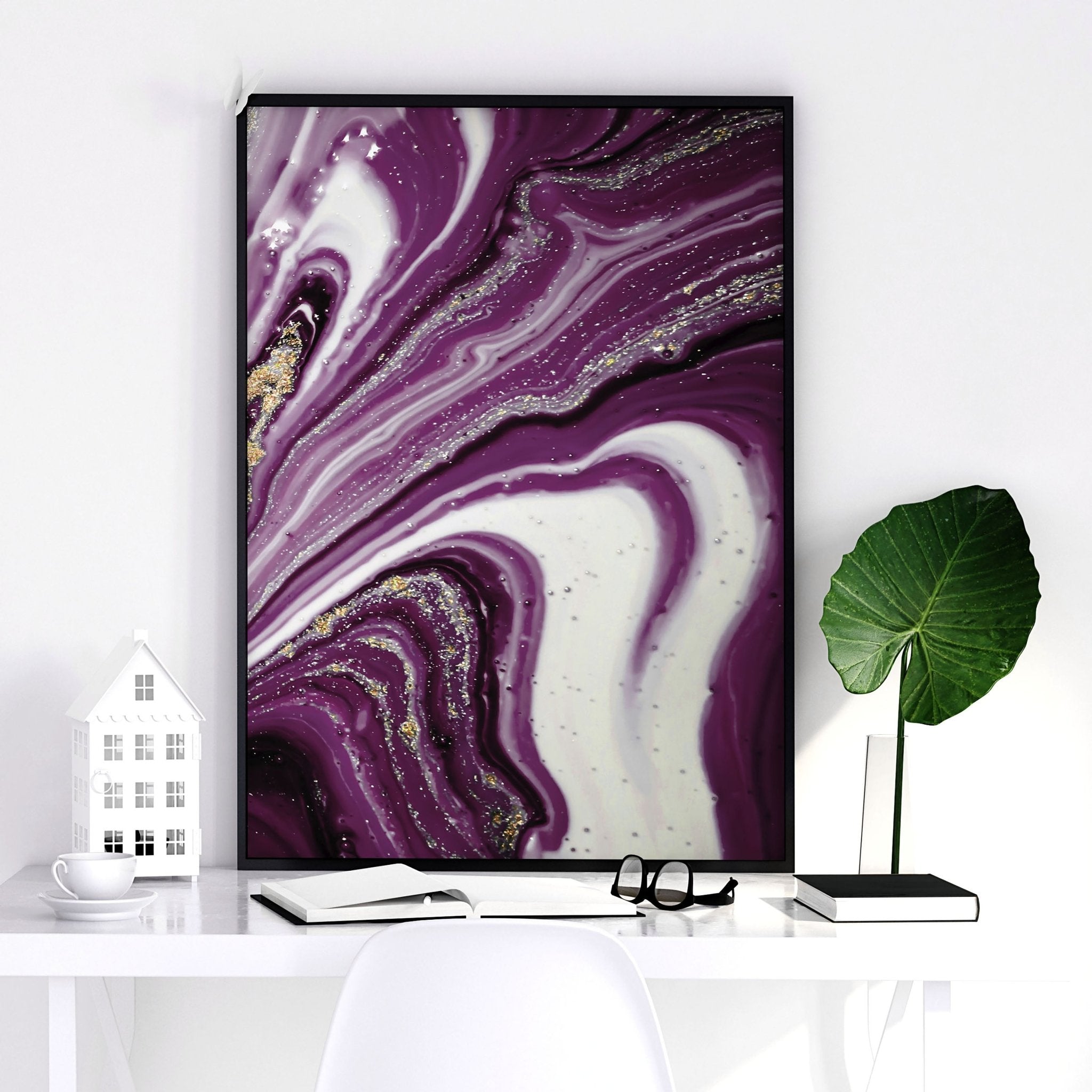 Set of 3 modern wall art prints featuring marble textures in purple and gold tones, perfect for enhancing home decor.