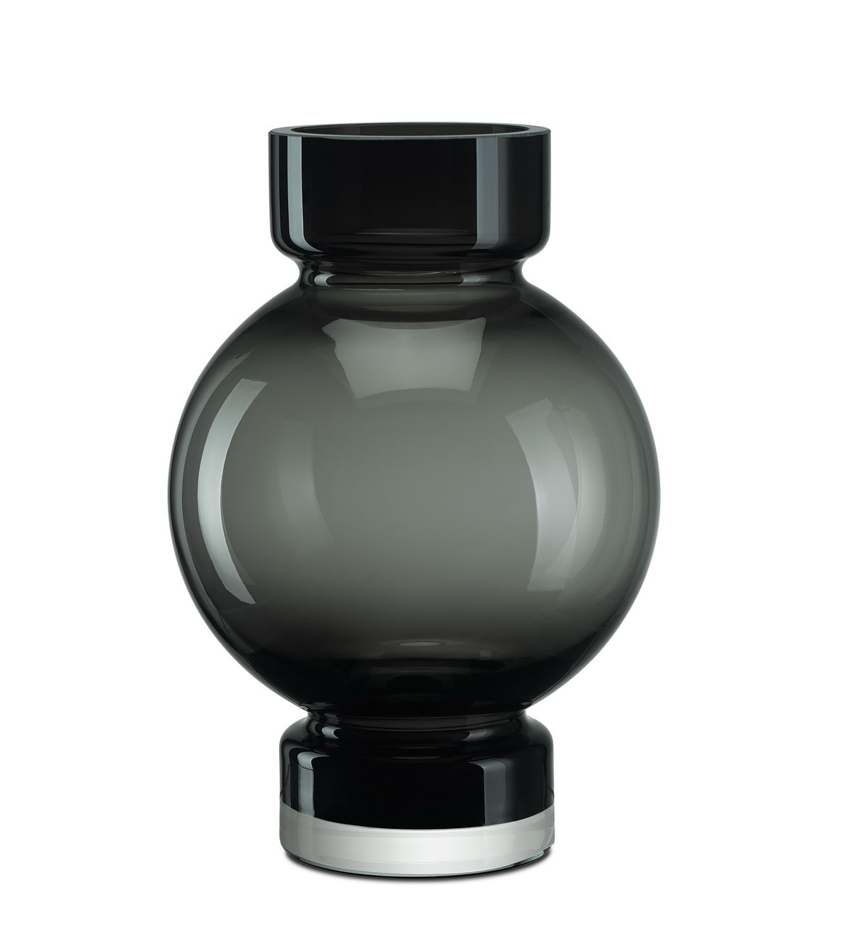 Modern ball-shaped luxury large vase ORU30GR made of 9mm thick glass, featuring a sleek cylindrical design with a central ball shape.