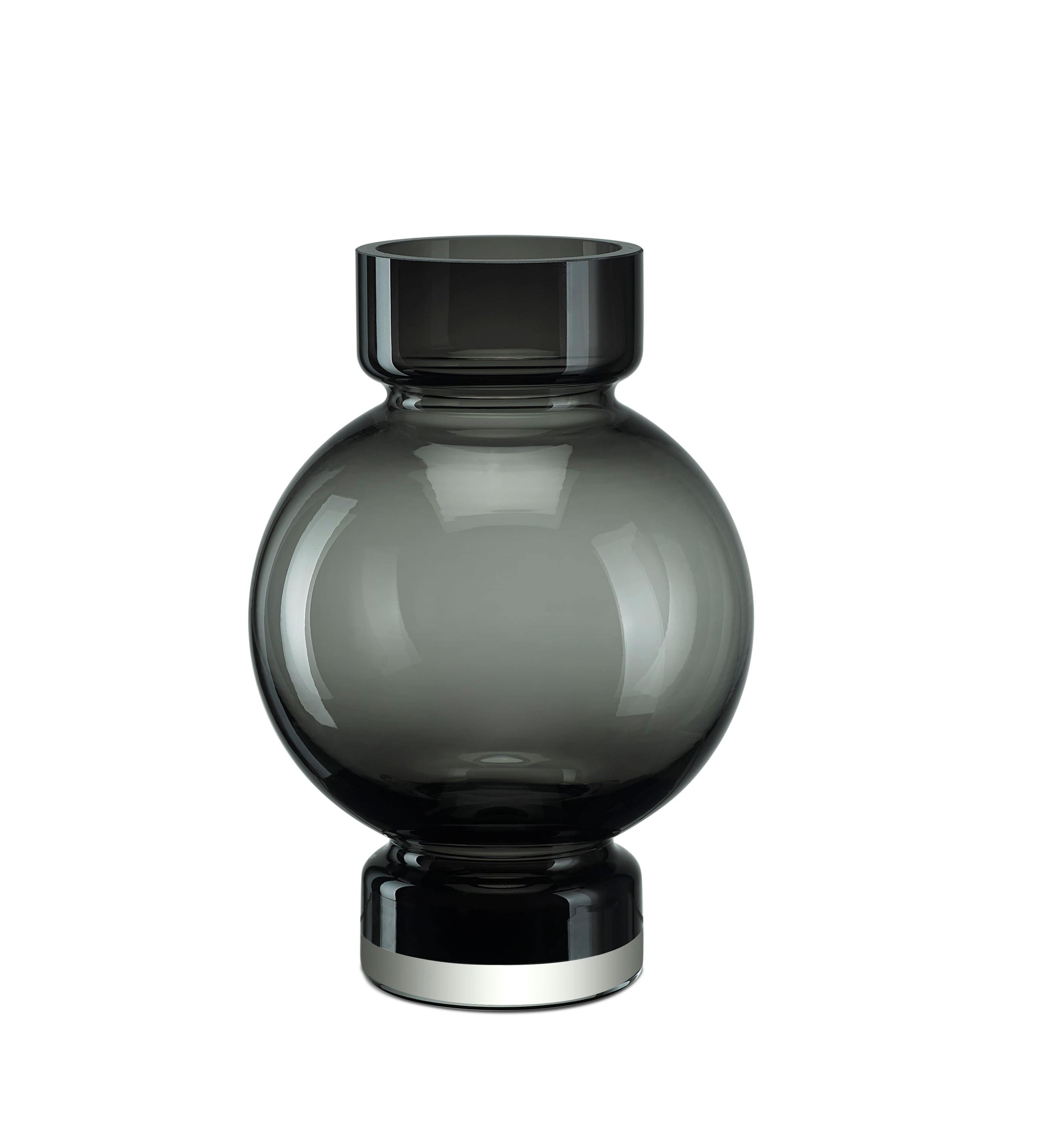 Modern ball shaped luxury vase ORU25GR made of 9mm thick glass, featuring a unique ball design within a cylindrical structure.