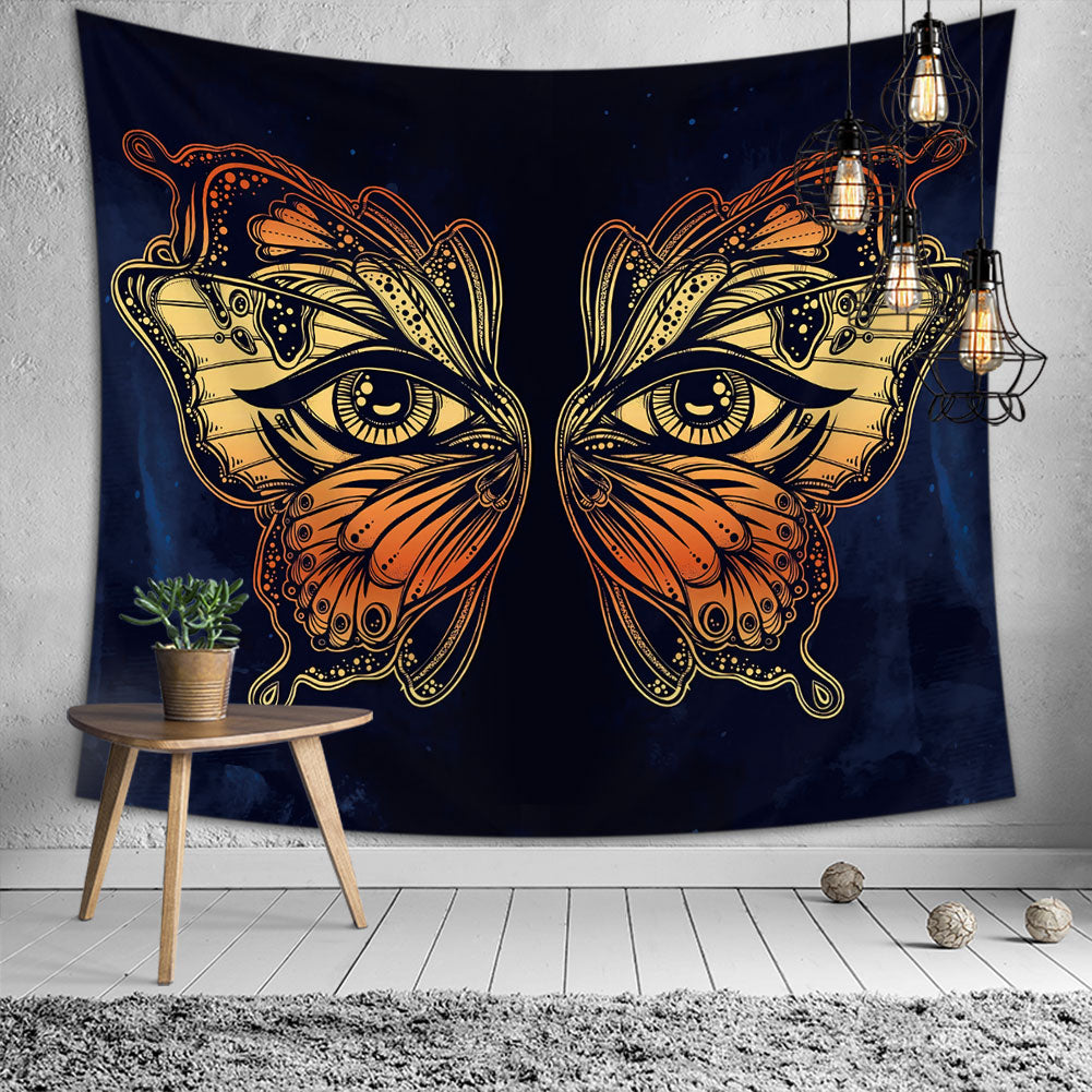 A vibrant Modern Butterfly Tapestry featuring a 3D butterfly design, made of soft polyester fabric, hanging on a wall.