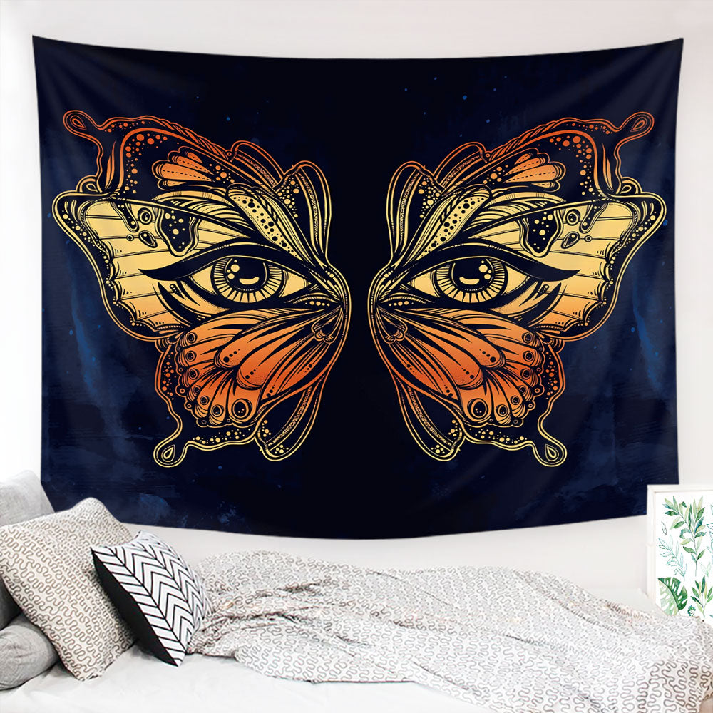 A vibrant Modern Butterfly Tapestry featuring a 3D butterfly design, made of soft polyester fabric, hanging on a wall.