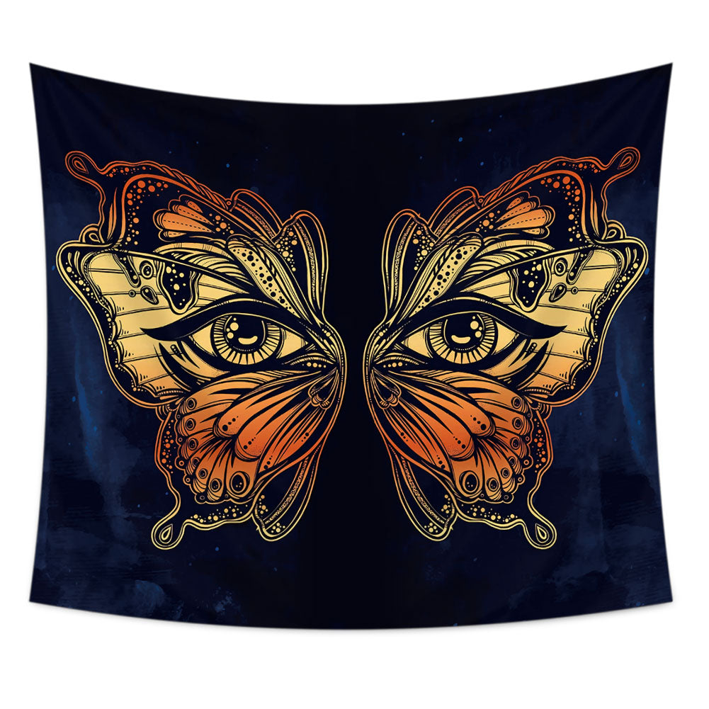 A vibrant Modern Butterfly Tapestry featuring a 3D butterfly design, made of soft polyester fabric, hanging on a wall.