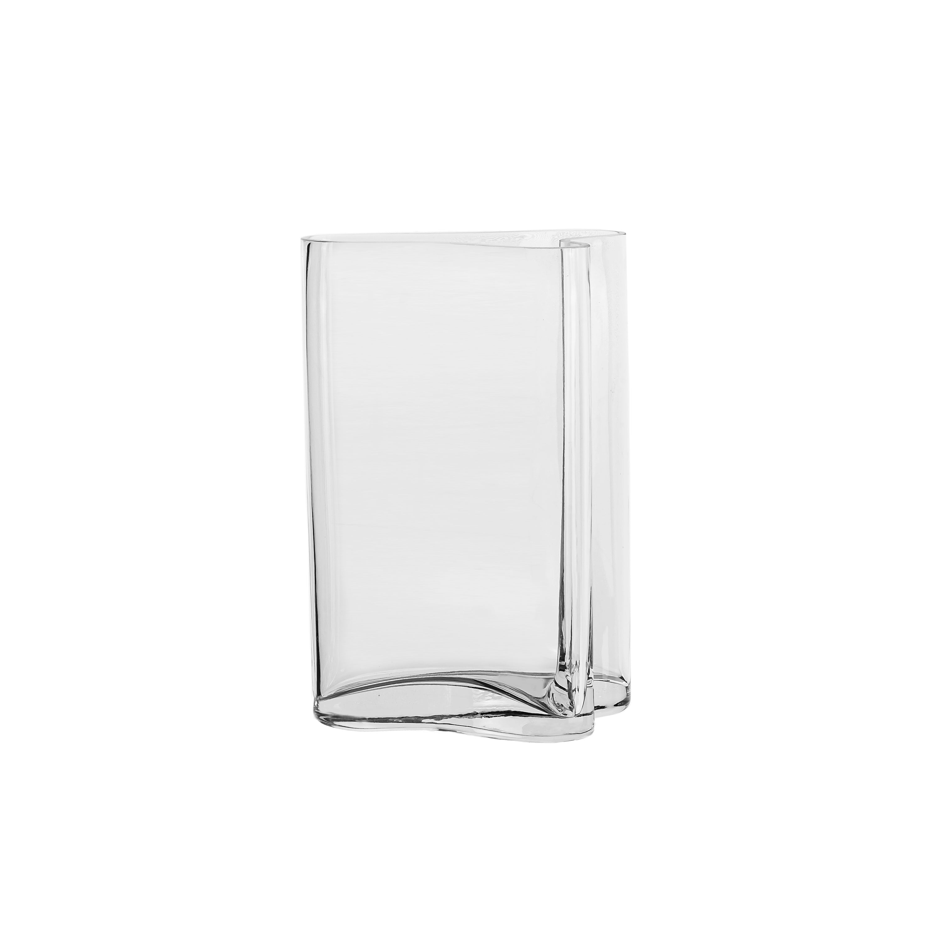 A tall, clear glass vase with an organic coral-inspired shape, showcasing modern design and high-quality craftsmanship.