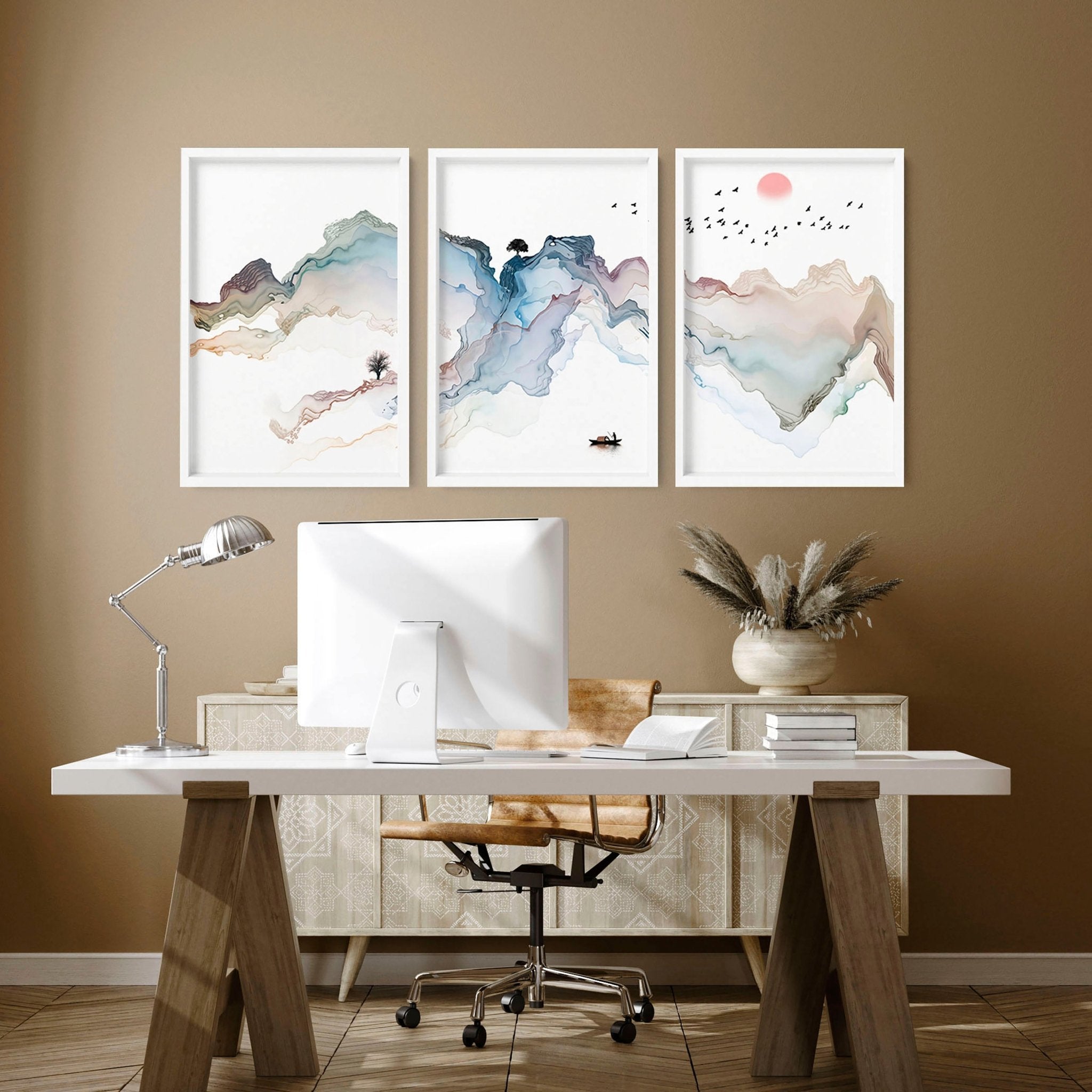 Set of 3 wall art prints featuring serene Japanese watercolour sunset landscapes in pastel hues, perfect for modern home office decor.