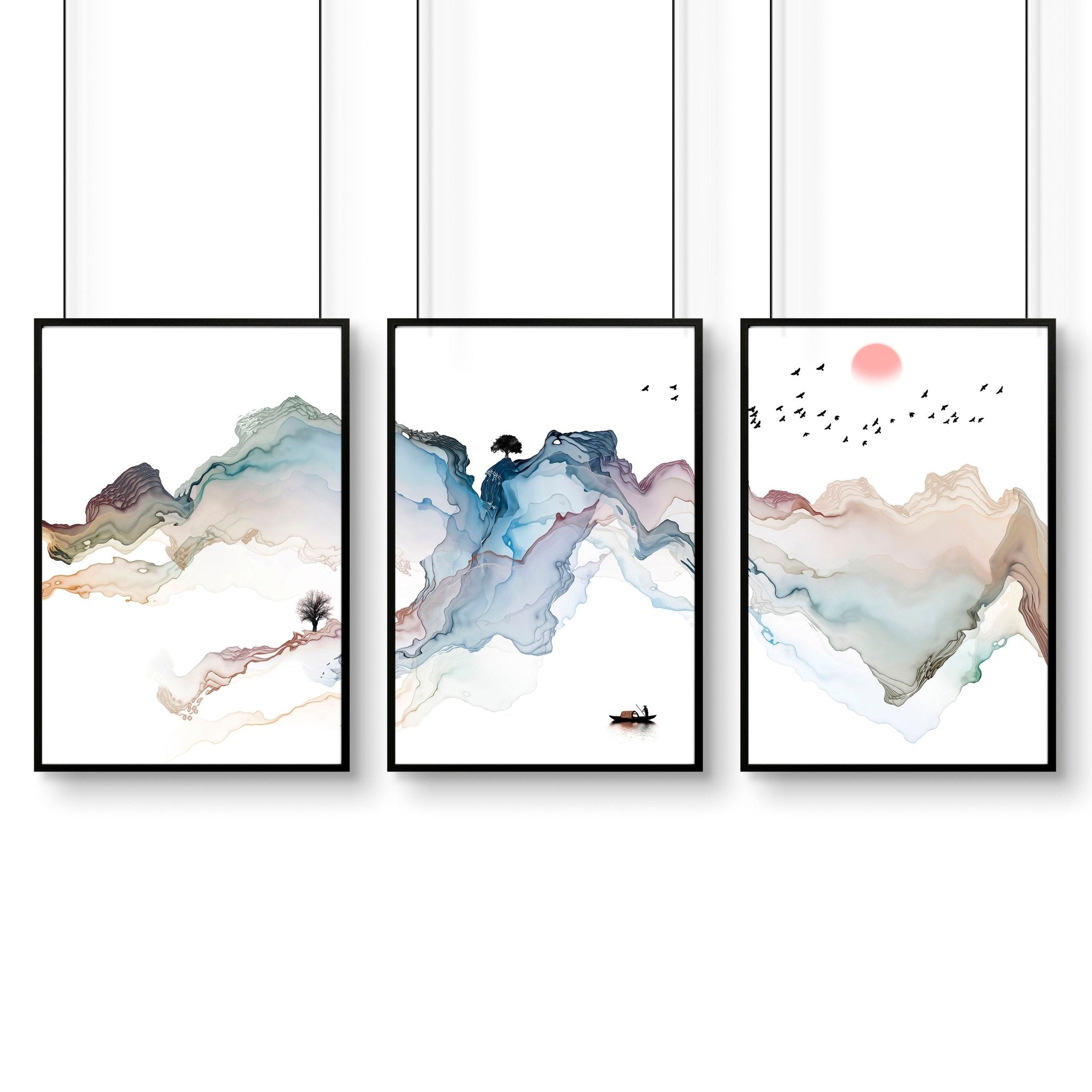 Set of 3 wall art prints featuring serene Japanese watercolour sunset landscapes in pastel hues, perfect for modern home office decor.