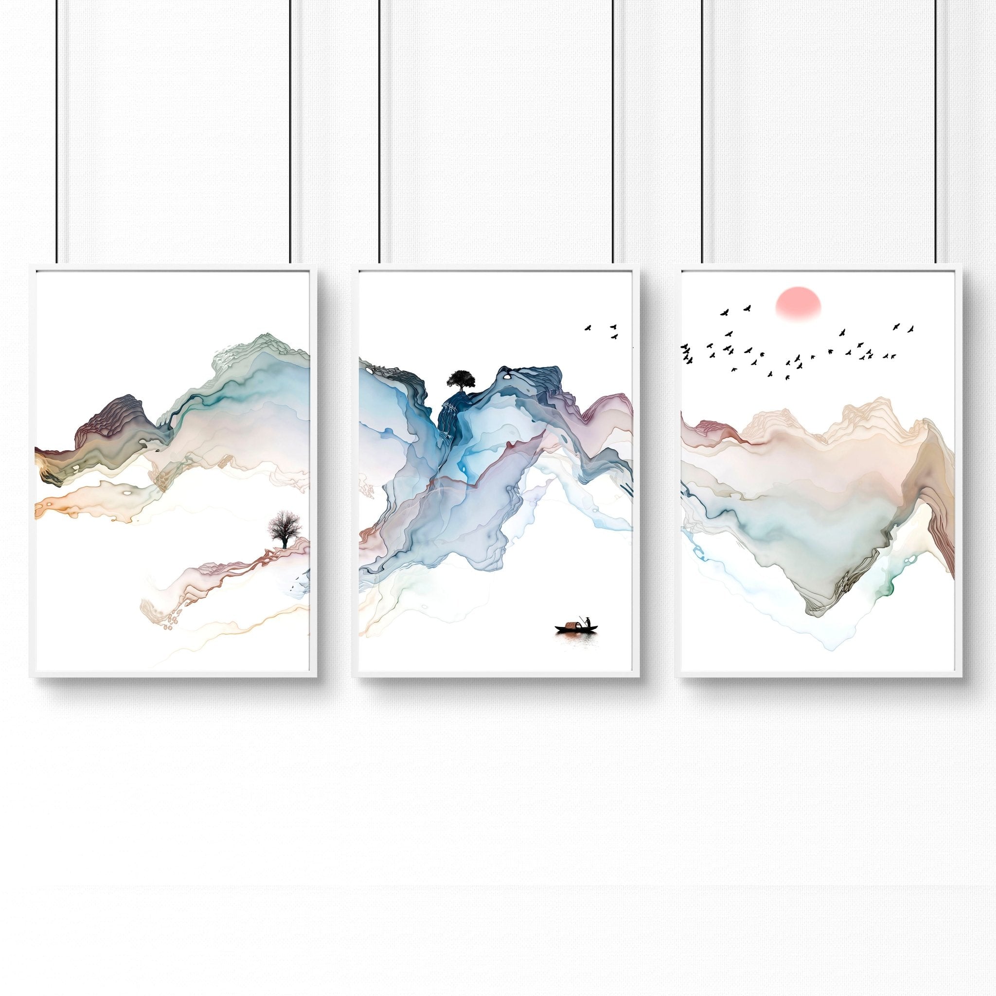 Set of 3 wall art prints featuring serene Japanese watercolour sunset landscapes in pastel hues, perfect for modern home office decor.