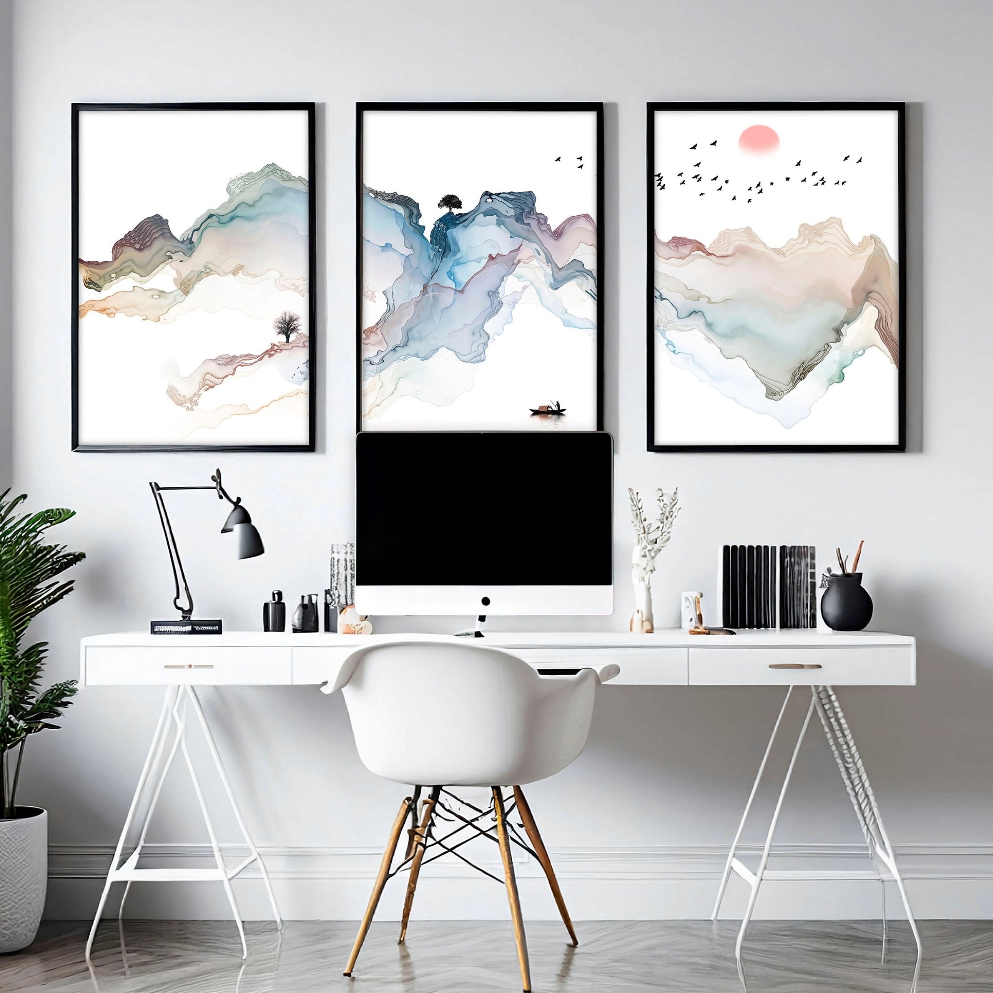 Set of 3 wall art prints featuring serene Japanese watercolour sunset landscapes in pastel hues, perfect for modern home office decor.