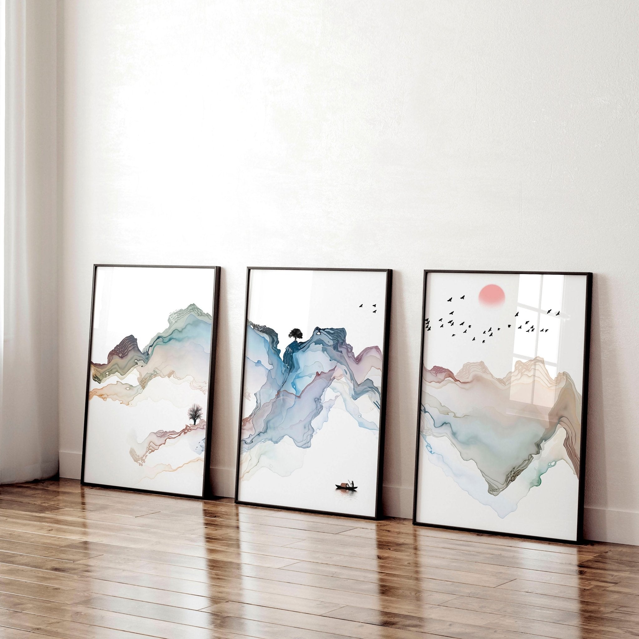 Set of 3 wall art prints featuring serene Japanese watercolour sunset landscapes in pastel hues, perfect for modern home office decor.