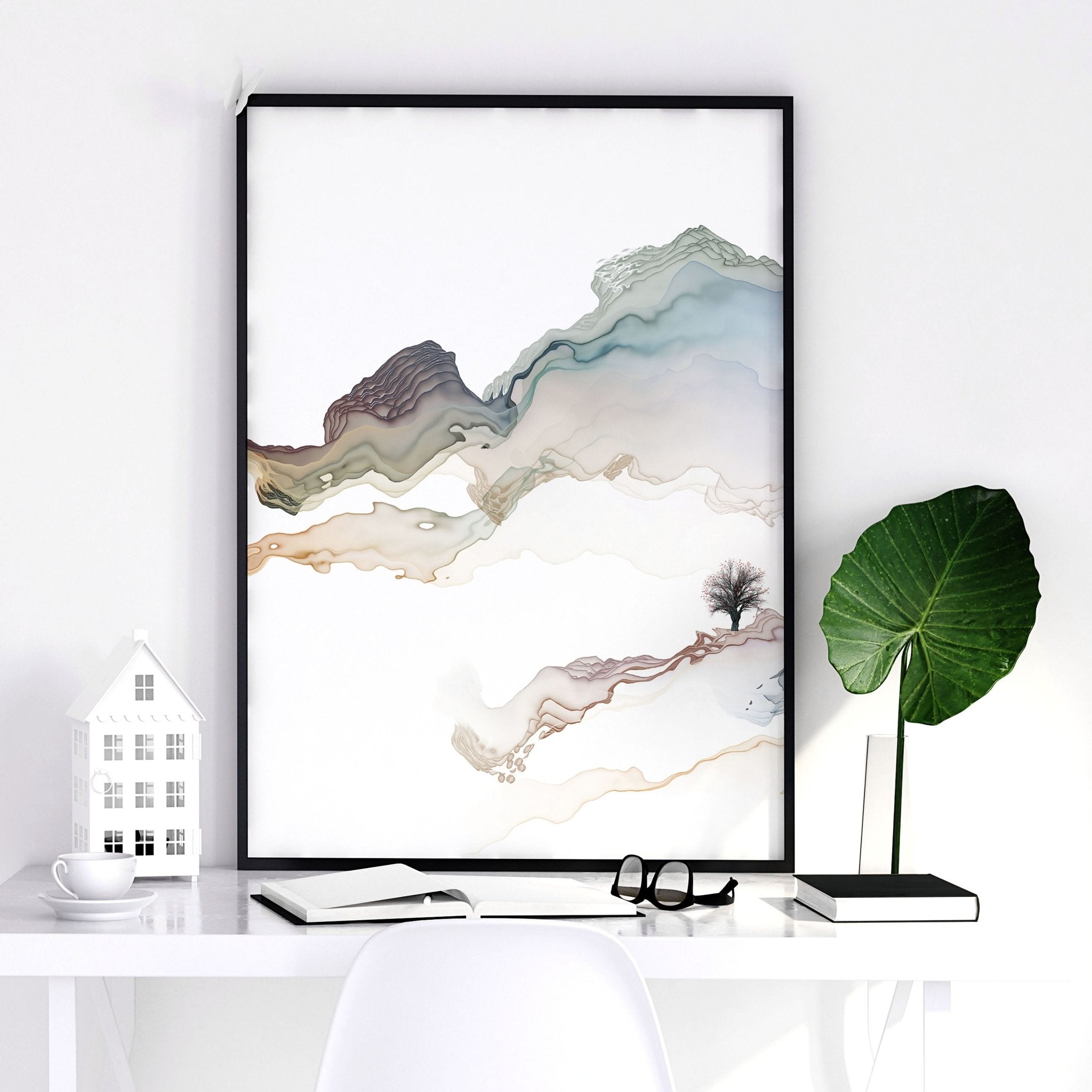 Set of 3 wall art prints featuring serene Japanese watercolour sunset landscapes in pastel hues, perfect for modern home office decor.