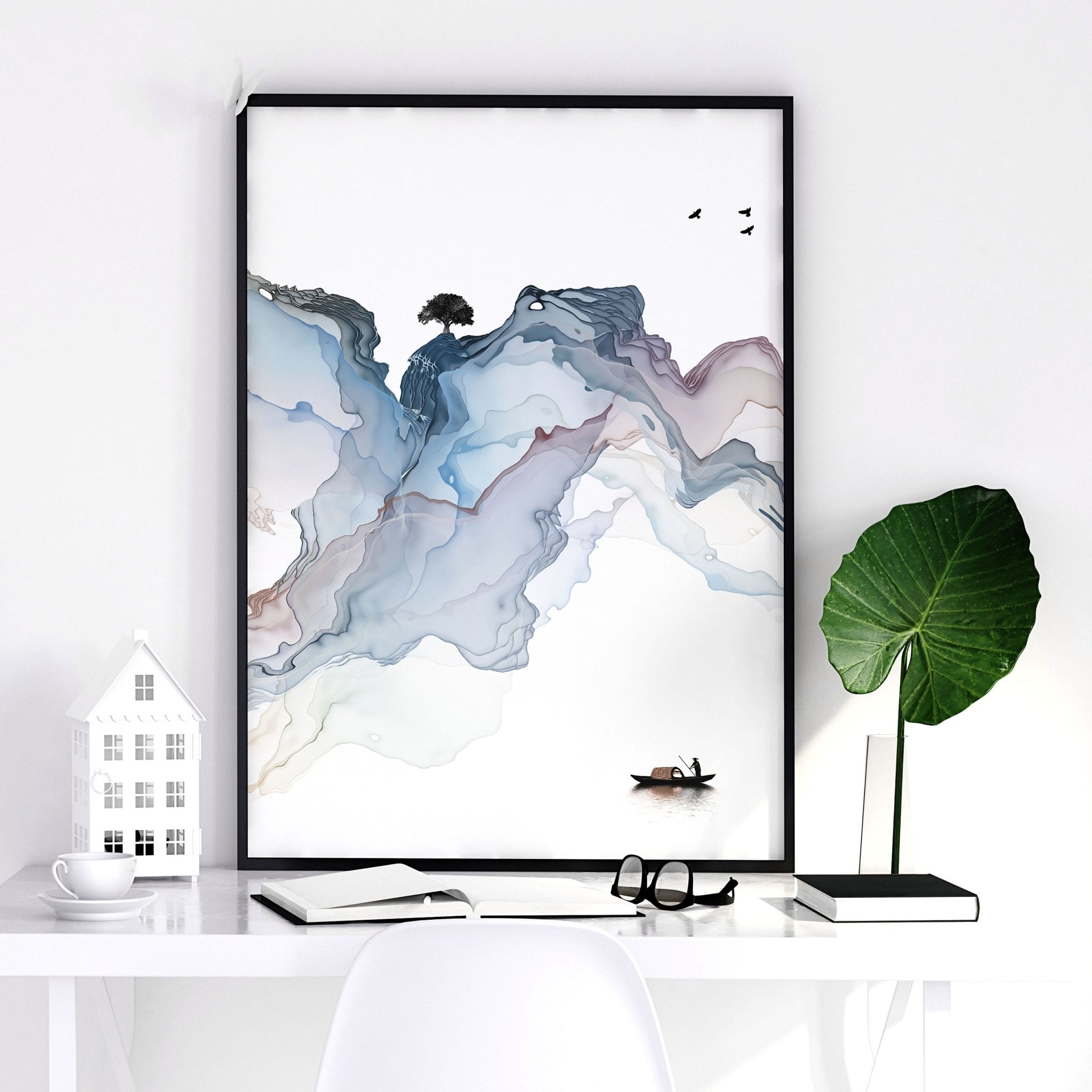 Set of 3 wall art prints featuring serene Japanese watercolour sunset landscapes in pastel hues, perfect for modern home office decor.