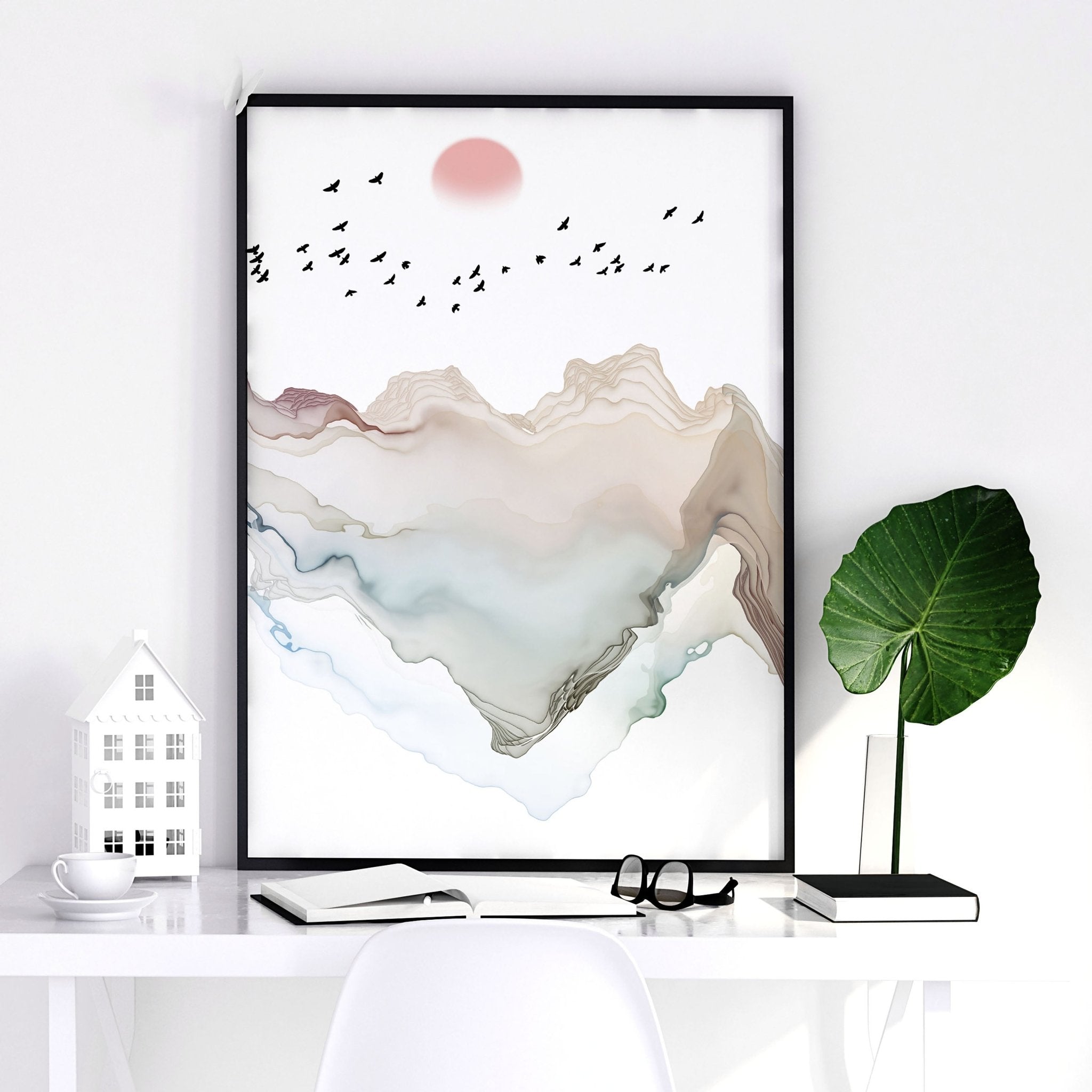 Set of 3 wall art prints featuring serene Japanese watercolour sunset landscapes in pastel hues, perfect for modern home office decor.