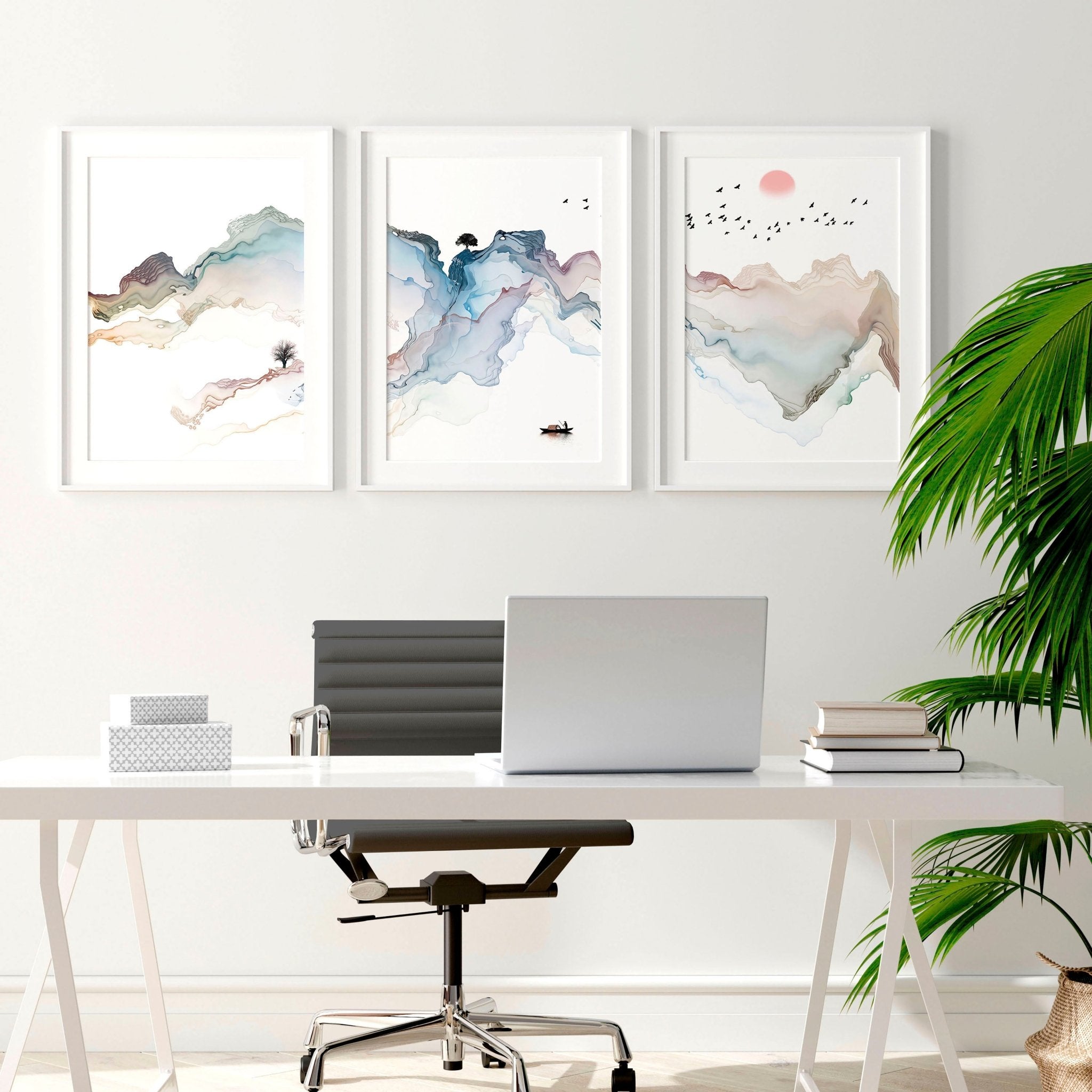 Set of 3 wall art prints featuring serene Japanese watercolour sunset landscapes in pastel hues, perfect for modern home office decor.