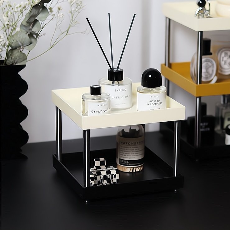 A stylish modern makeup organizer rack displaying various makeup tools and accessories elegantly arranged.