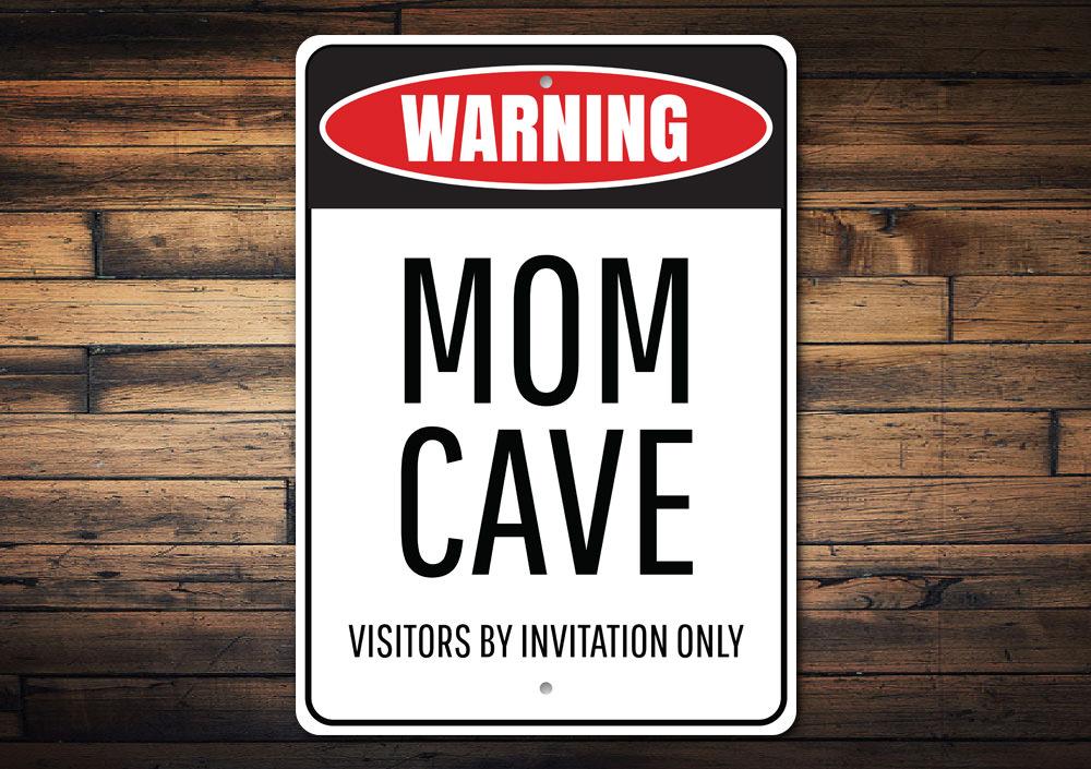 Customizable Mom Cave Sign made of high-quality aluminum, featuring pre-drilled holes for easy mounting.