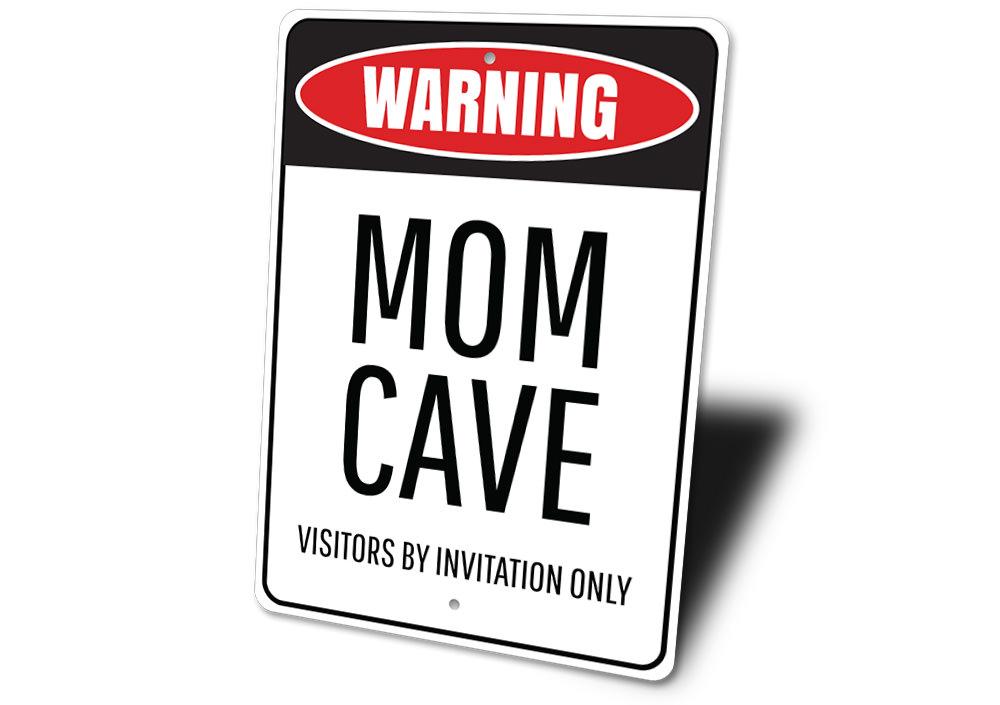 Customizable Mom Cave Sign made of high-quality aluminum, featuring pre-drilled holes for easy mounting.