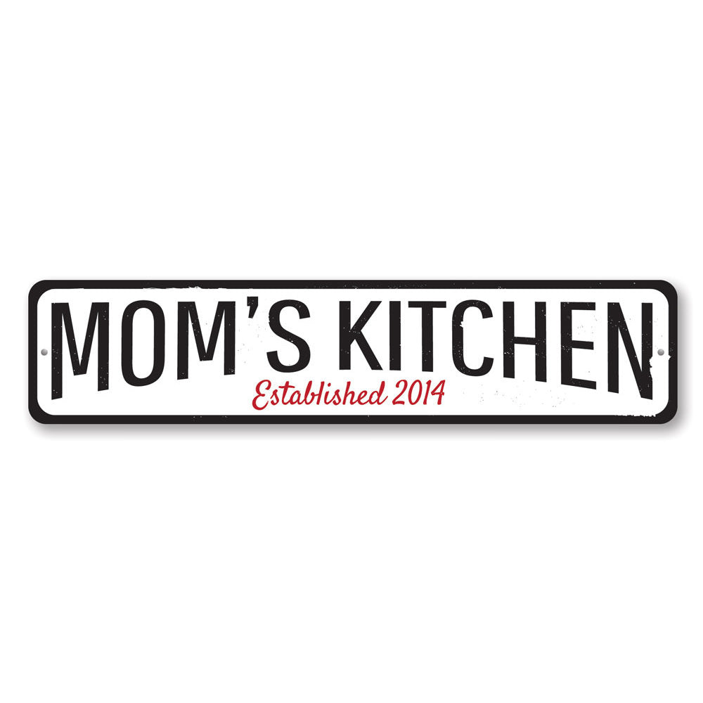 A personalized Mom's Kitchen Established Sign made of high-quality aluminum, featuring custom text and a decorative design, perfect for kitchen decor.