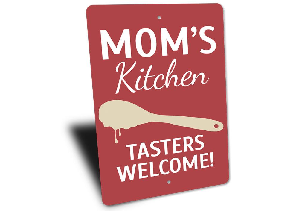 A beautifully crafted Mom's Kitchen Sign made from high-quality aluminum, featuring customizable text and pre-drilled holes for easy mounting.