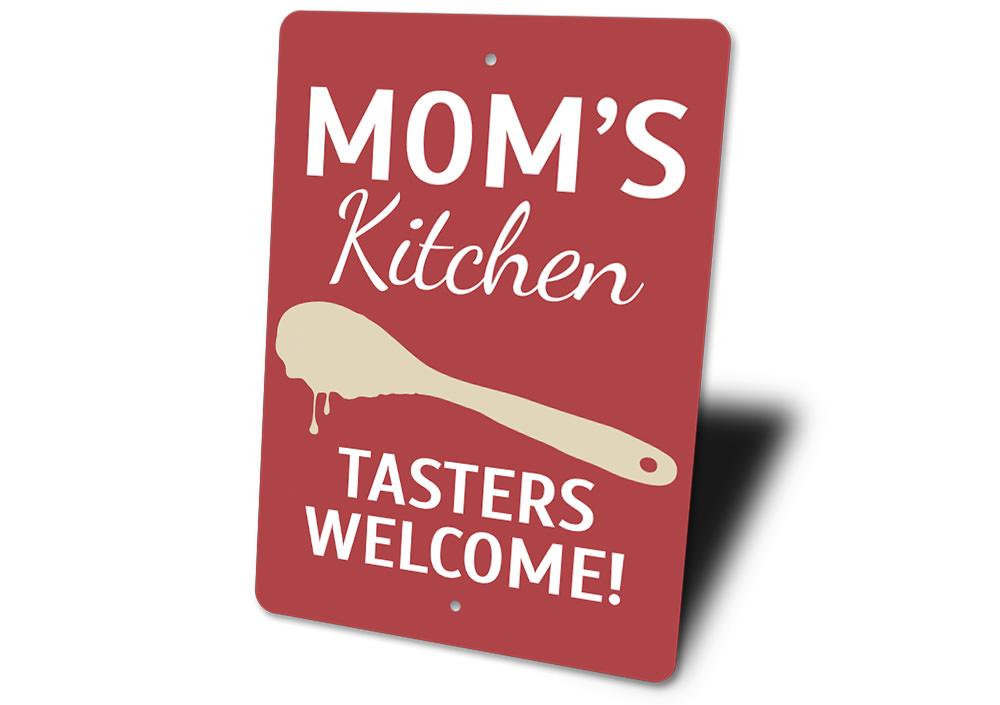 A beautifully crafted Mom's Kitchen Sign made from high-quality aluminum, featuring customizable text and pre-drilled holes for easy mounting.