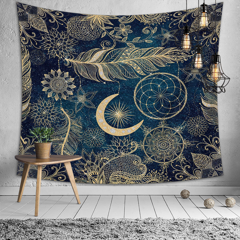 A beautiful blue mystic tapestry featuring moon and star designs, perfect for wall hanging or home decor.